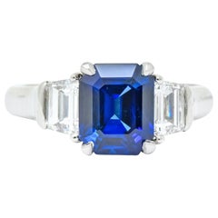 Vintage 4.02 CTW Royal Blue Sapphire Diamond Platinum Three Stone Ring