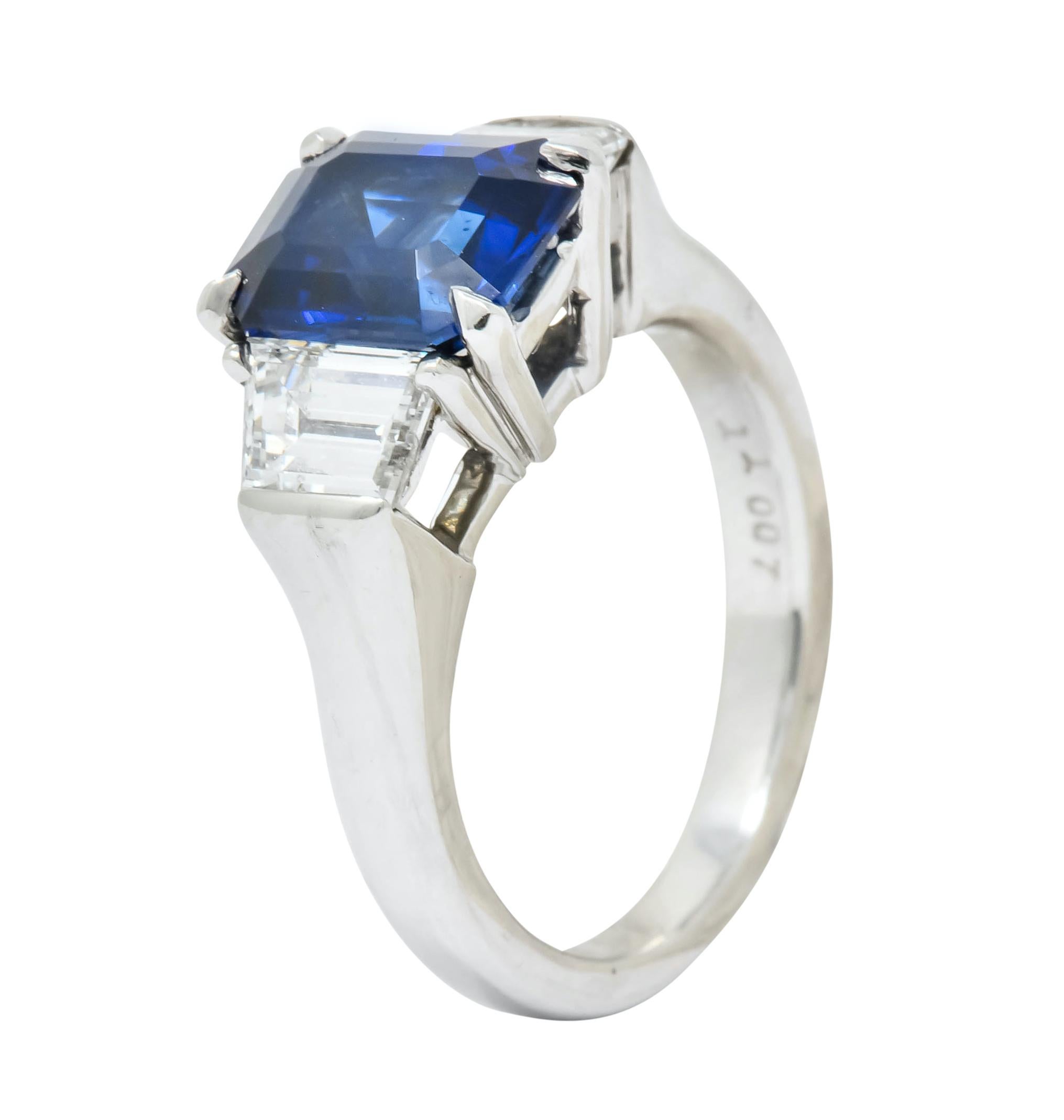 Vintage 4.02 CTW Royal Blue Sapphire Diamond Platinum Three Stone Ring 2