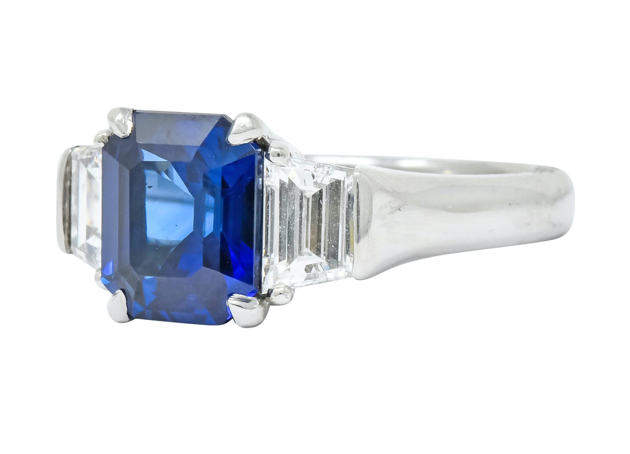 Women's or Men's Vintage 4.02 CTW Royal Blue Sapphire Diamond Platinum Three Stone Ring