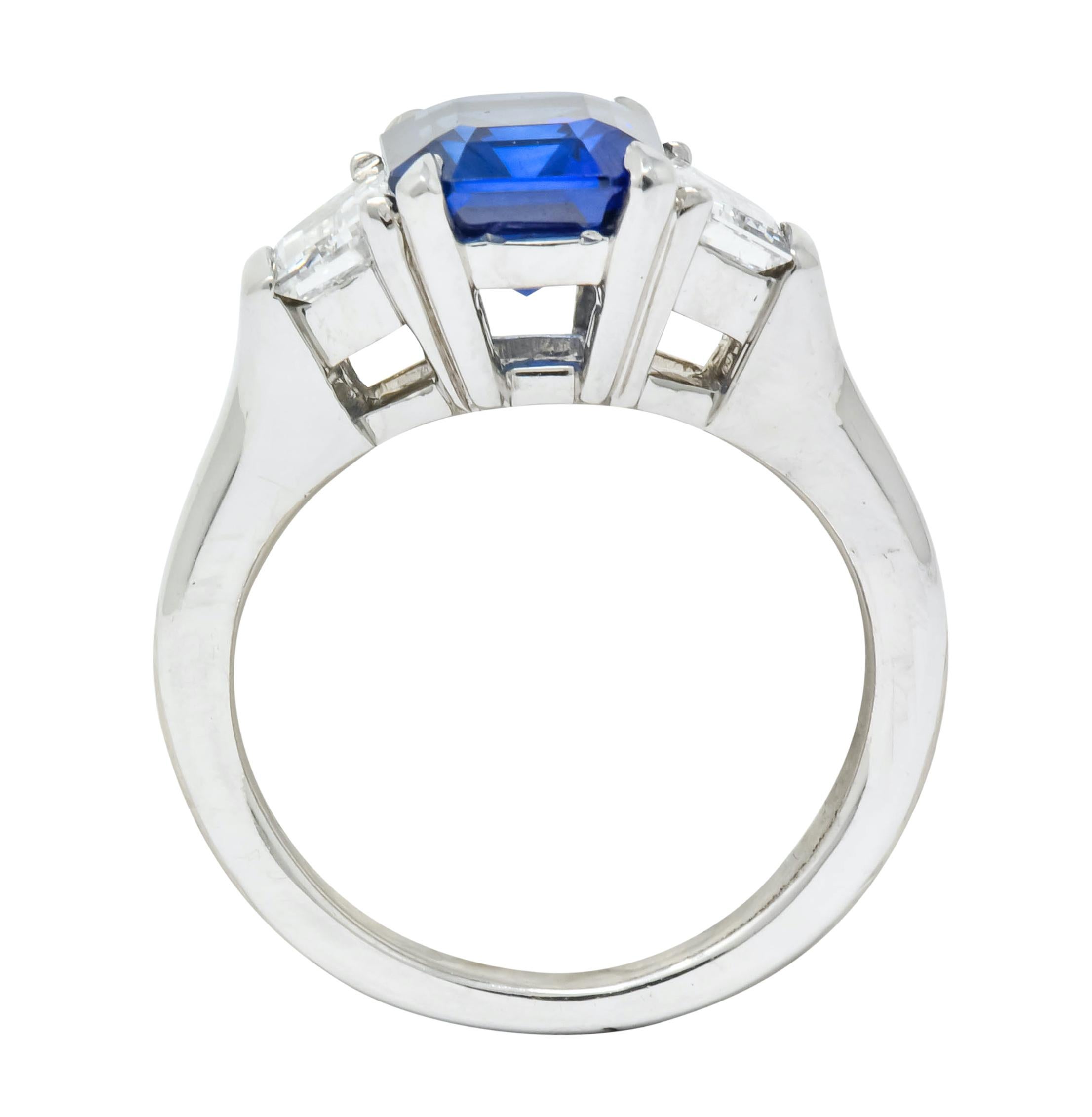 Vintage 4.02 CTW Royal Blue Sapphire Diamond Platinum Three Stone Ring 1