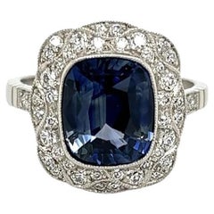 Vintage 4.04 Carat NO HEAT Cushion Sapphire and Diamond Platinum Ring