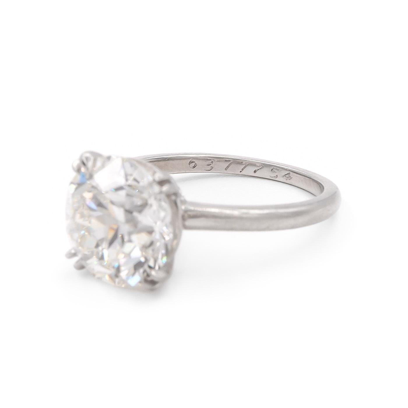 Vintage 4.05 Carat Old European Cut Diamond Solitaire Engagement Ring by Cartier NY, composed of platinum. Featuring a 4.05 Carat Old European Cut Diamond, GIA certified I color/VS2 clarity, set within a double claw-prong mounting. Signed 'CARTIER',