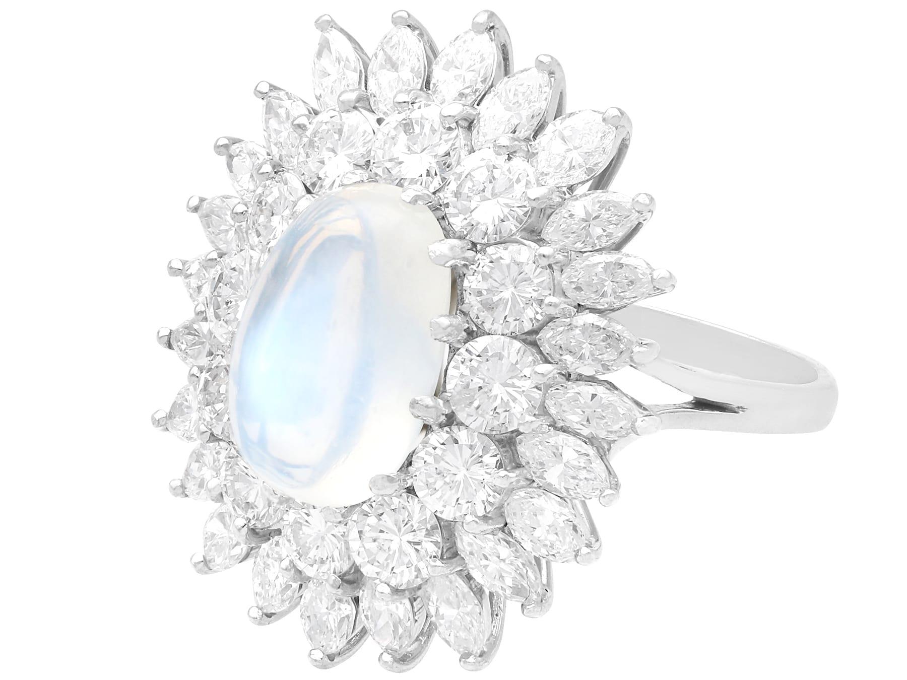 Cabochon Vintage 4.07Ct Moonstone and 5.95Ct Diamond, 18k White Gold Cocktail Ring For Sale
