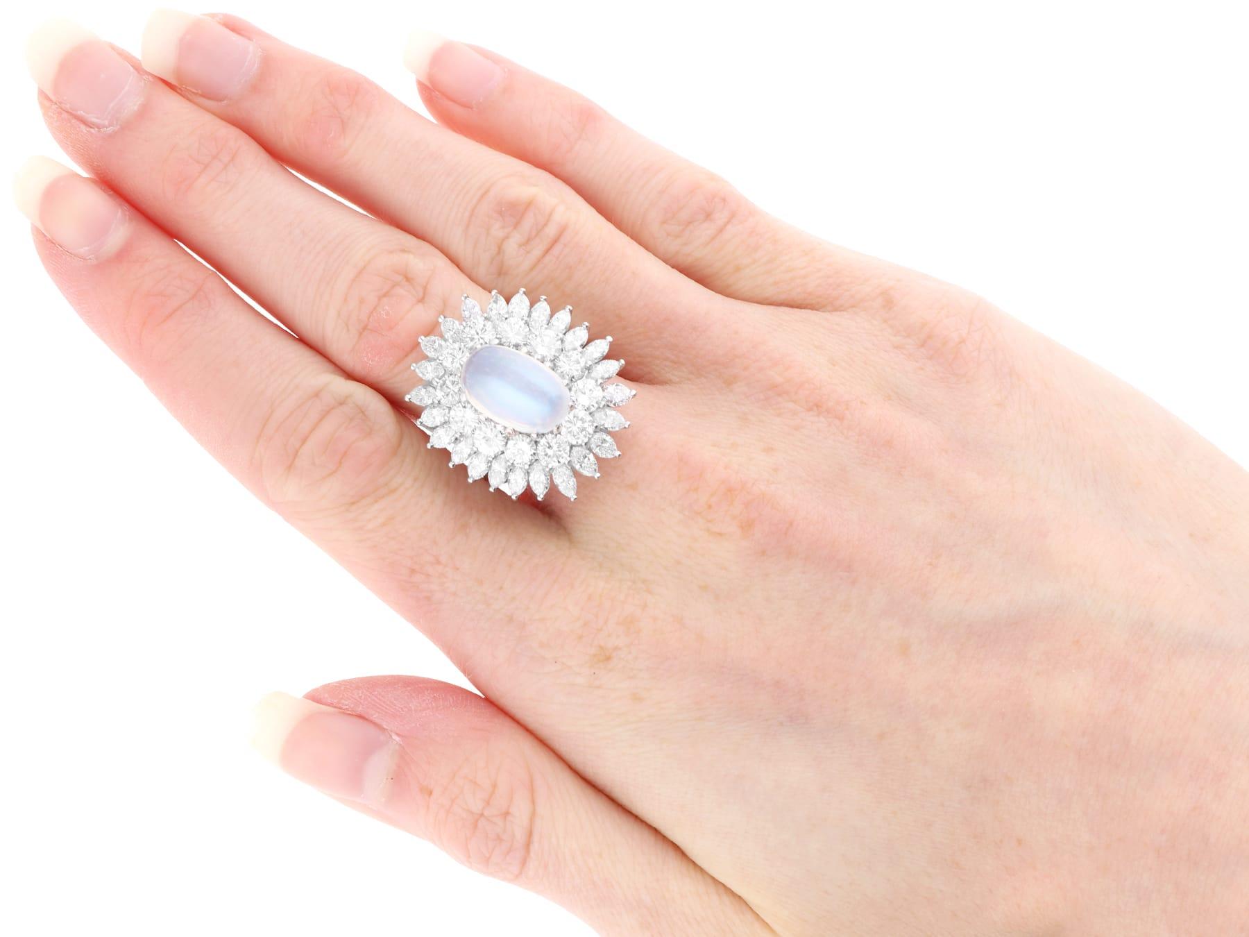 Vintage 4.07Ct Moonstone and 5.95Ct Diamond, 18k White Gold Cocktail Ring For Sale 2