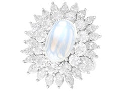 Vintage 4.07Ct Moonstone and 5.95Ct Diamond, 18k White Gold Cocktail Ring