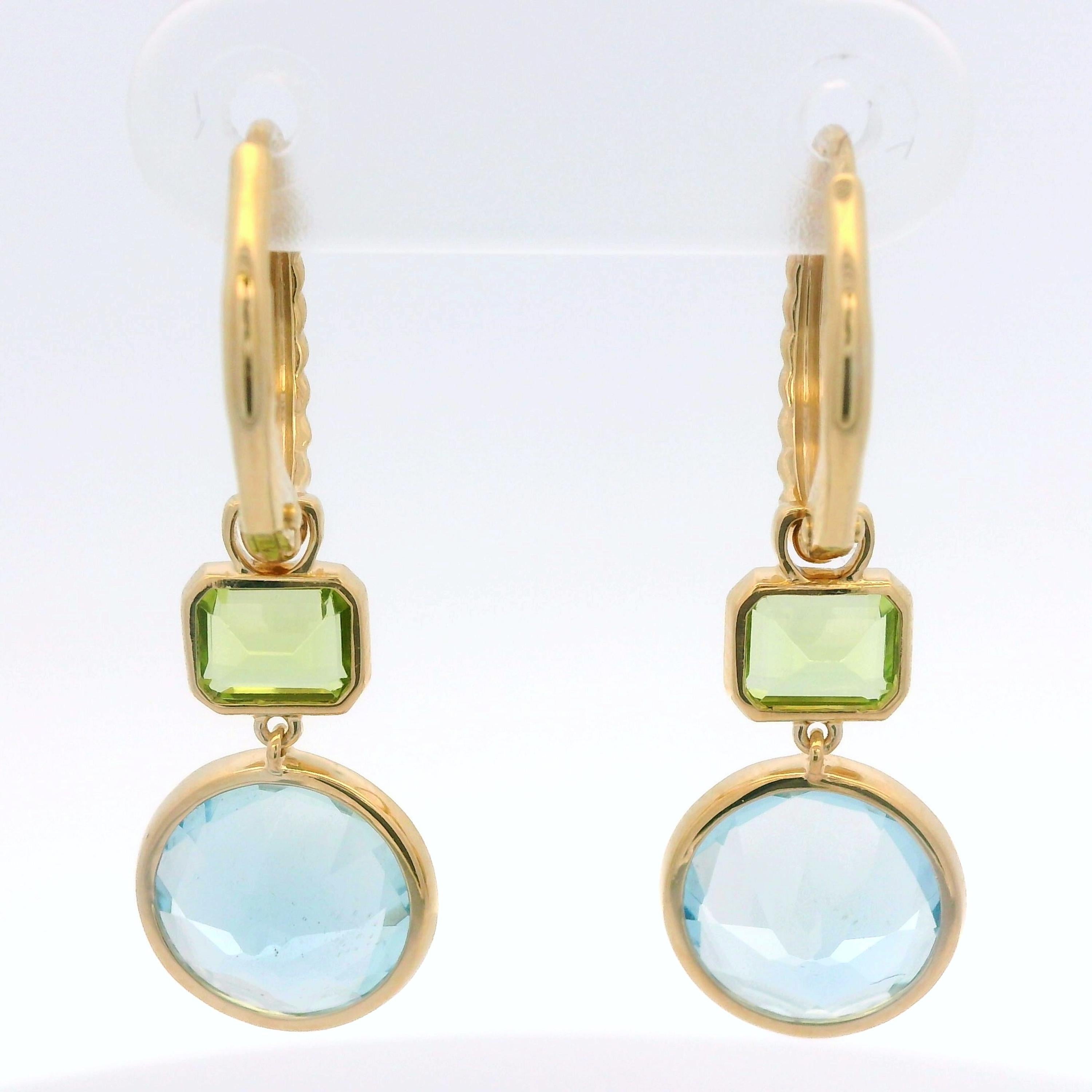Brilliant Cut Vintage 4.08Ct Aquamarine Peridot Dangle Earrings in 14 Karat Yellow Gold For Sale