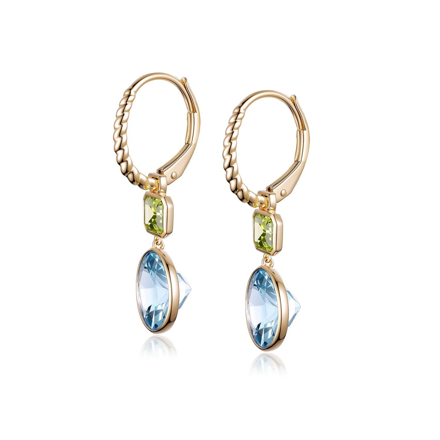 Women's Vintage 4.08Ct Aquamarine Peridot Dangle Earrings in 14 Karat Yellow Gold For Sale