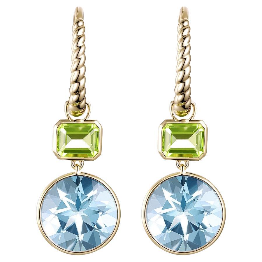 Vintage 4.08Ct Aquamarine Peridot Dangle Earrings in 14 Karat Yellow Gold