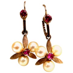 Vintage .40 Carat Natural Ruby and Japanese Pearl Dangle Earrings 14 Karat