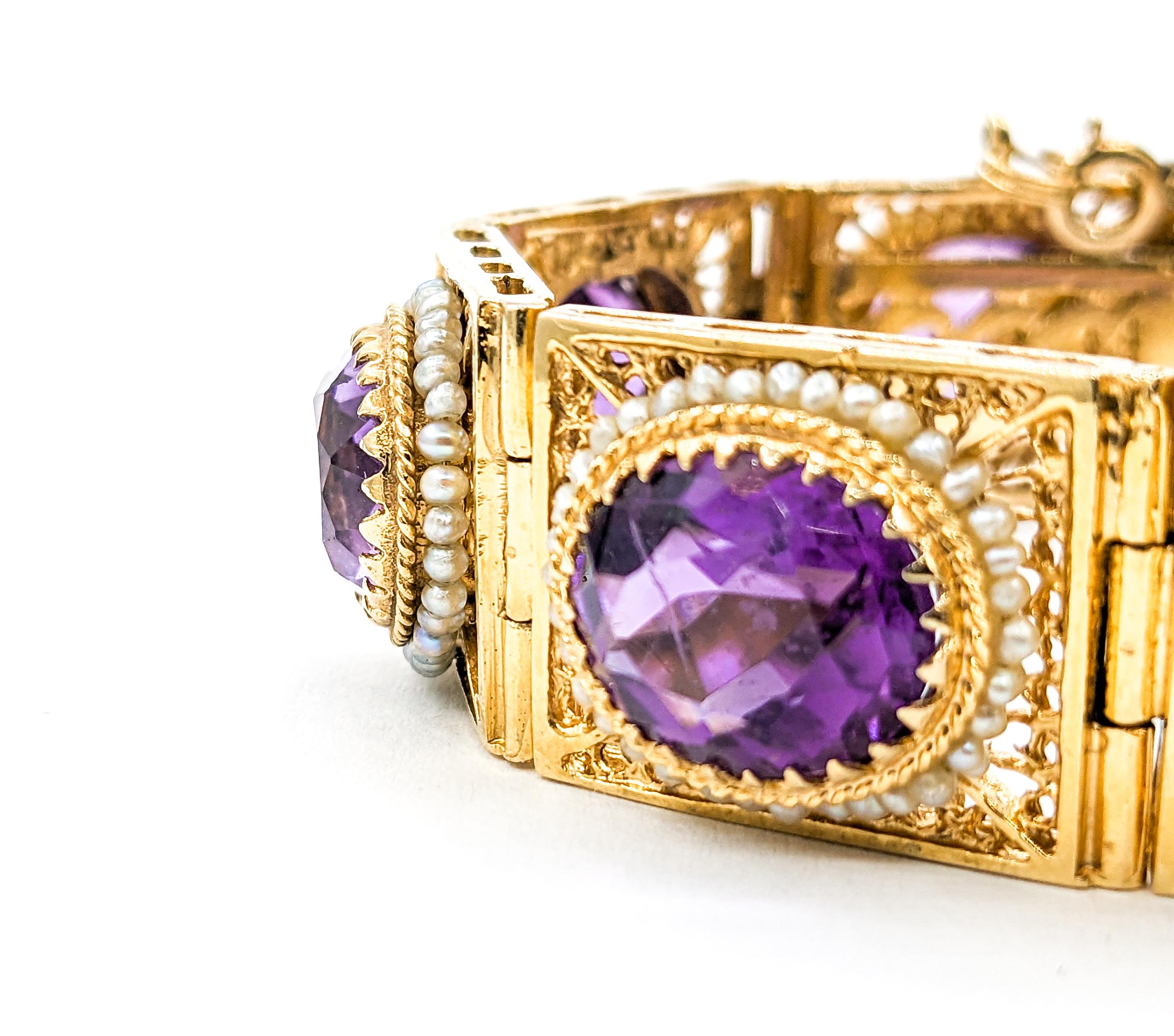 Vintage 40ctw Amethysts & Seed Pearls Bracelet In Yellow Gold For Sale 4