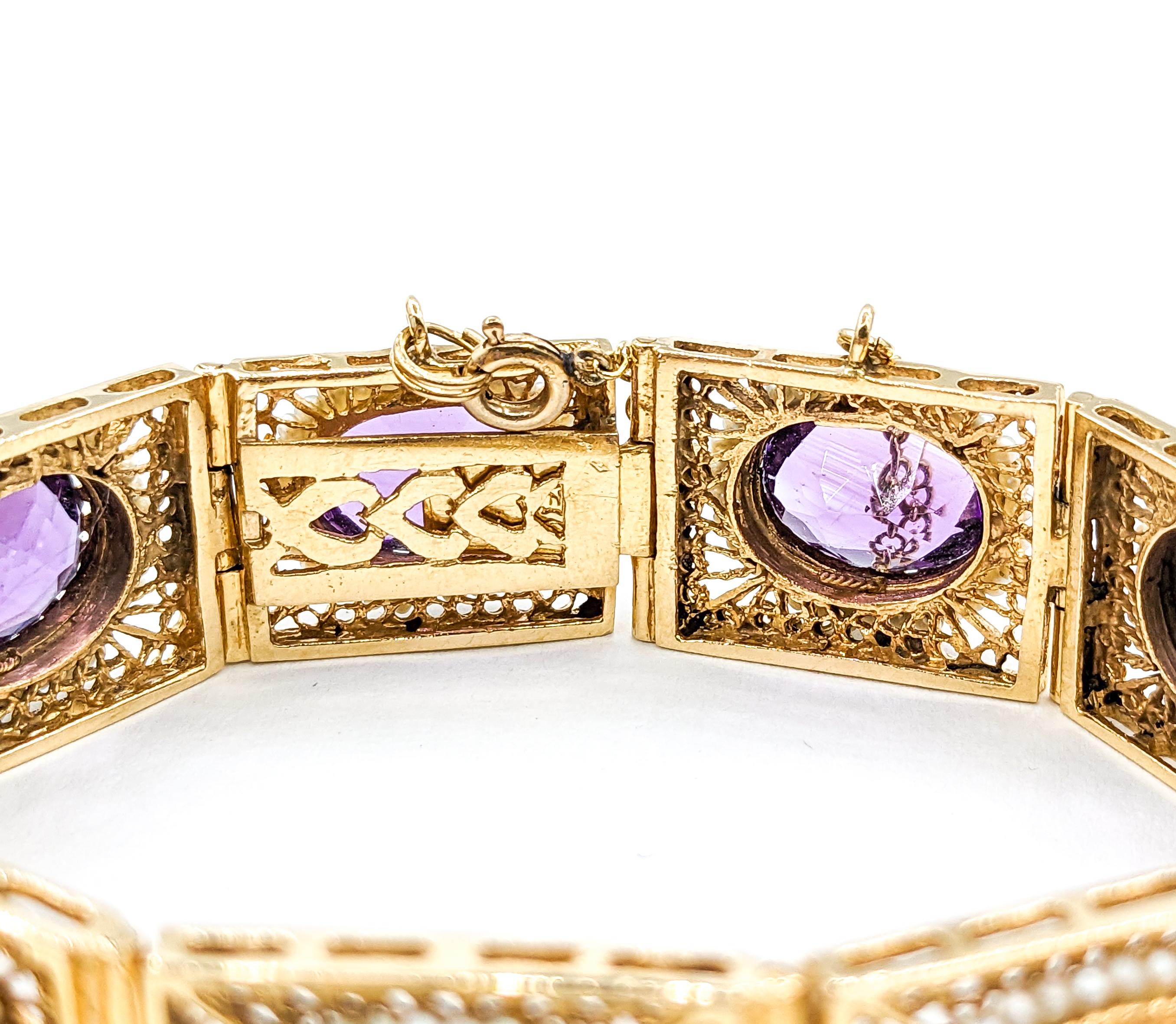 Vintage 40ctw Amethysts & Seed Pearls Bracelet In Yellow Gold For Sale 5