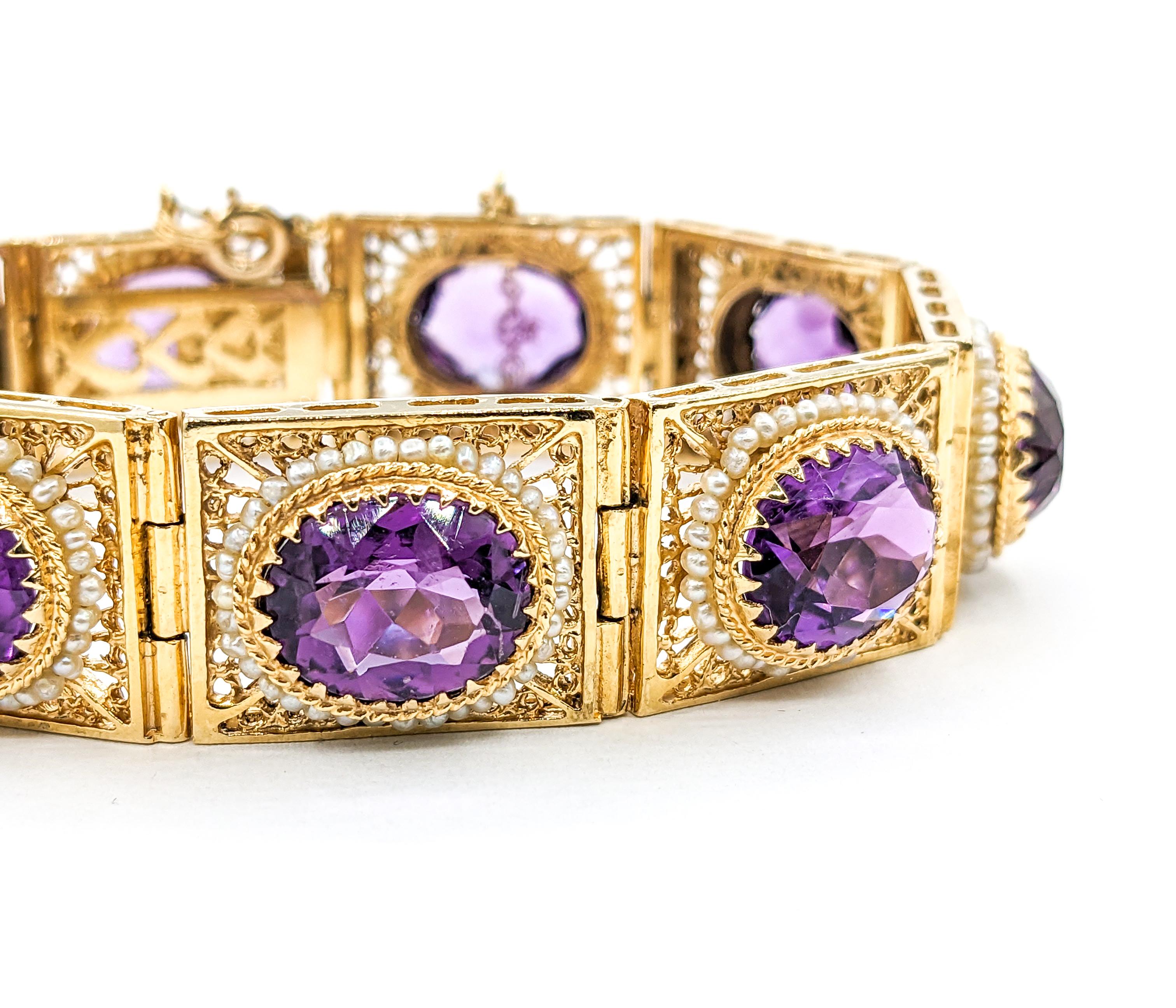 Vintage 40ctw Amethysts & Seed Pearls Bracelet In Yellow Gold For Sale 6