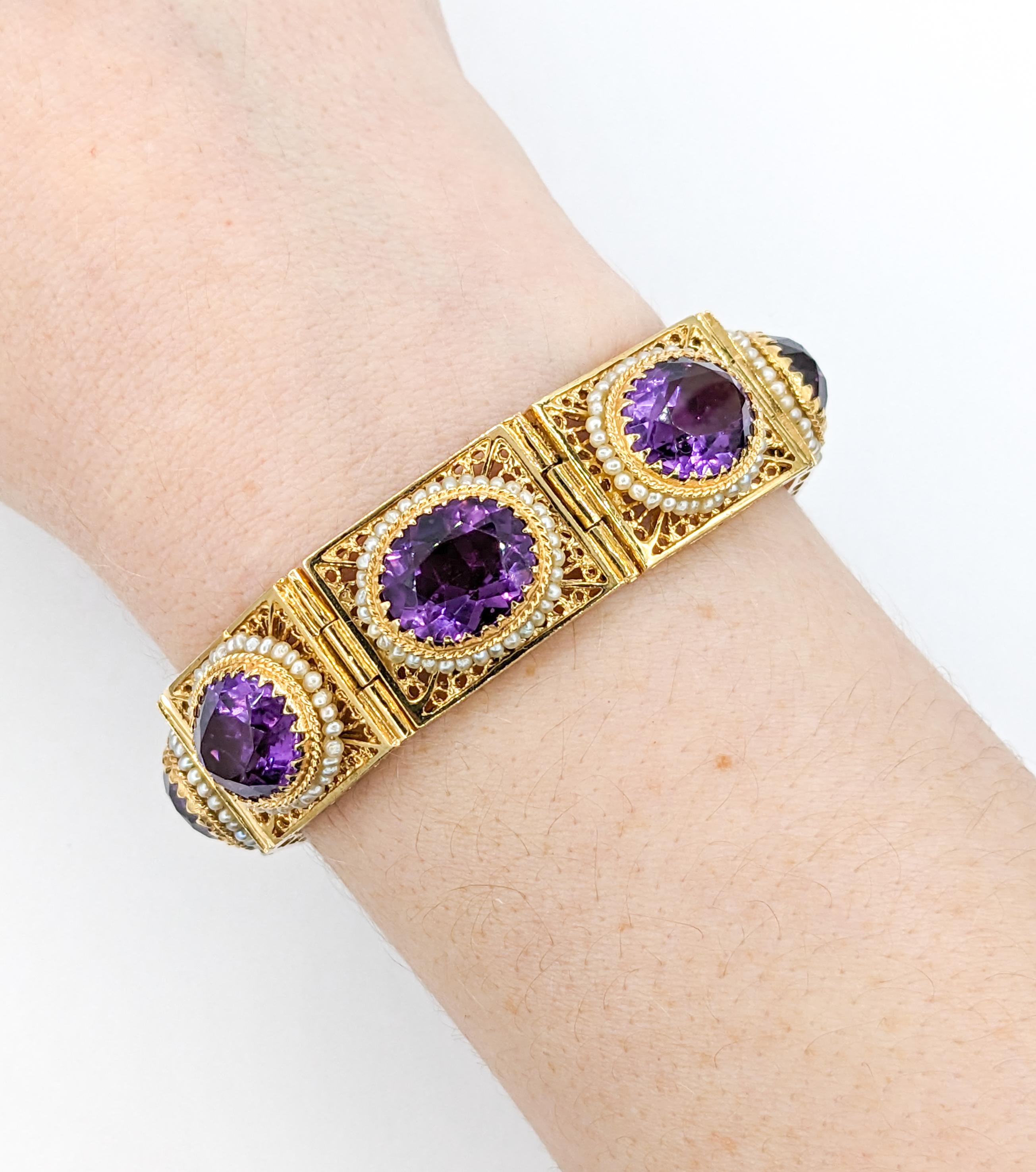 Modern Vintage 40ctw Amethysts & Seed Pearls Bracelet In Yellow Gold For Sale