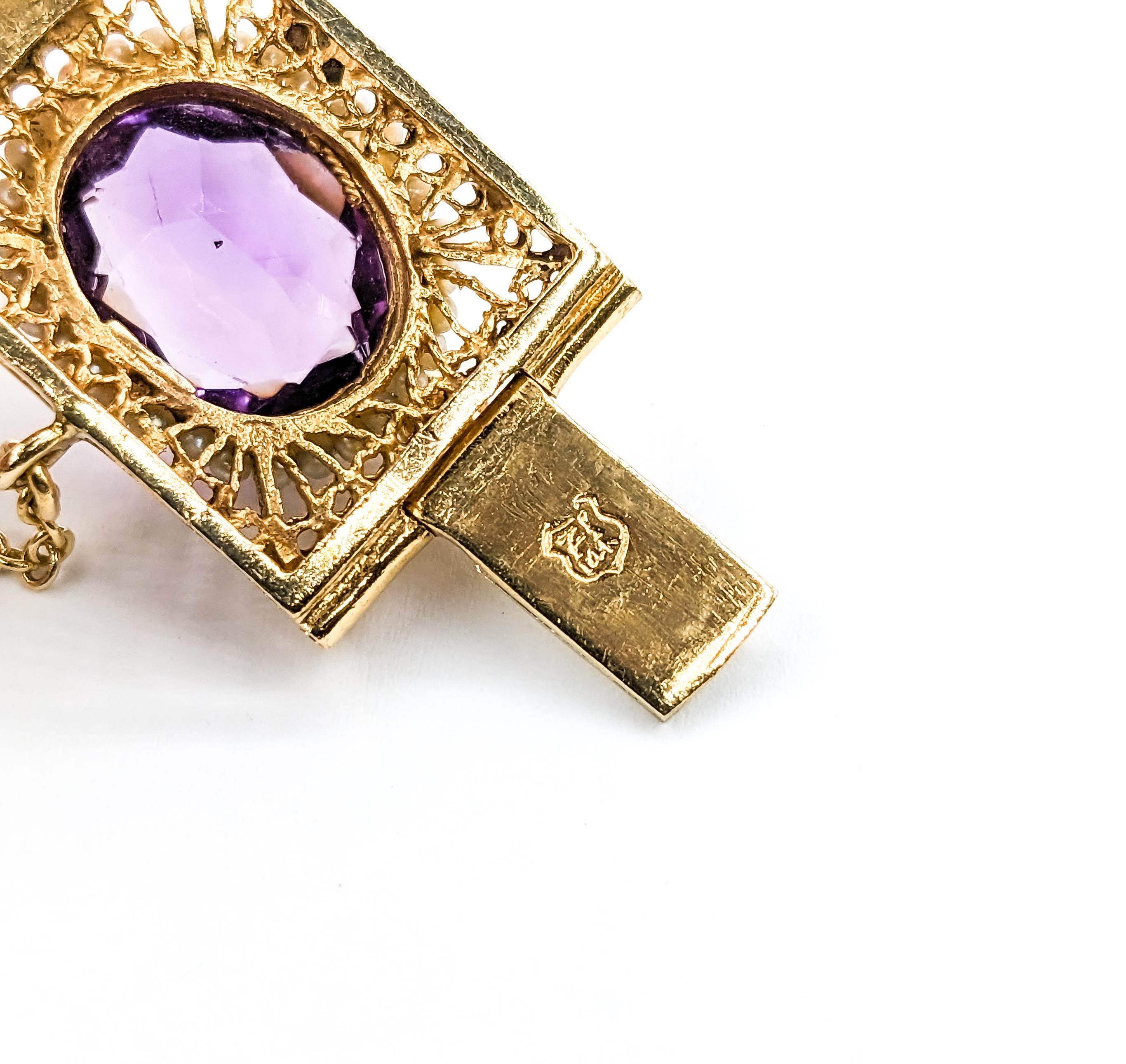 Vintage 40ctw Amethysten & Saatgut Perlen Armband in Gelbgold (Rundschliff)
