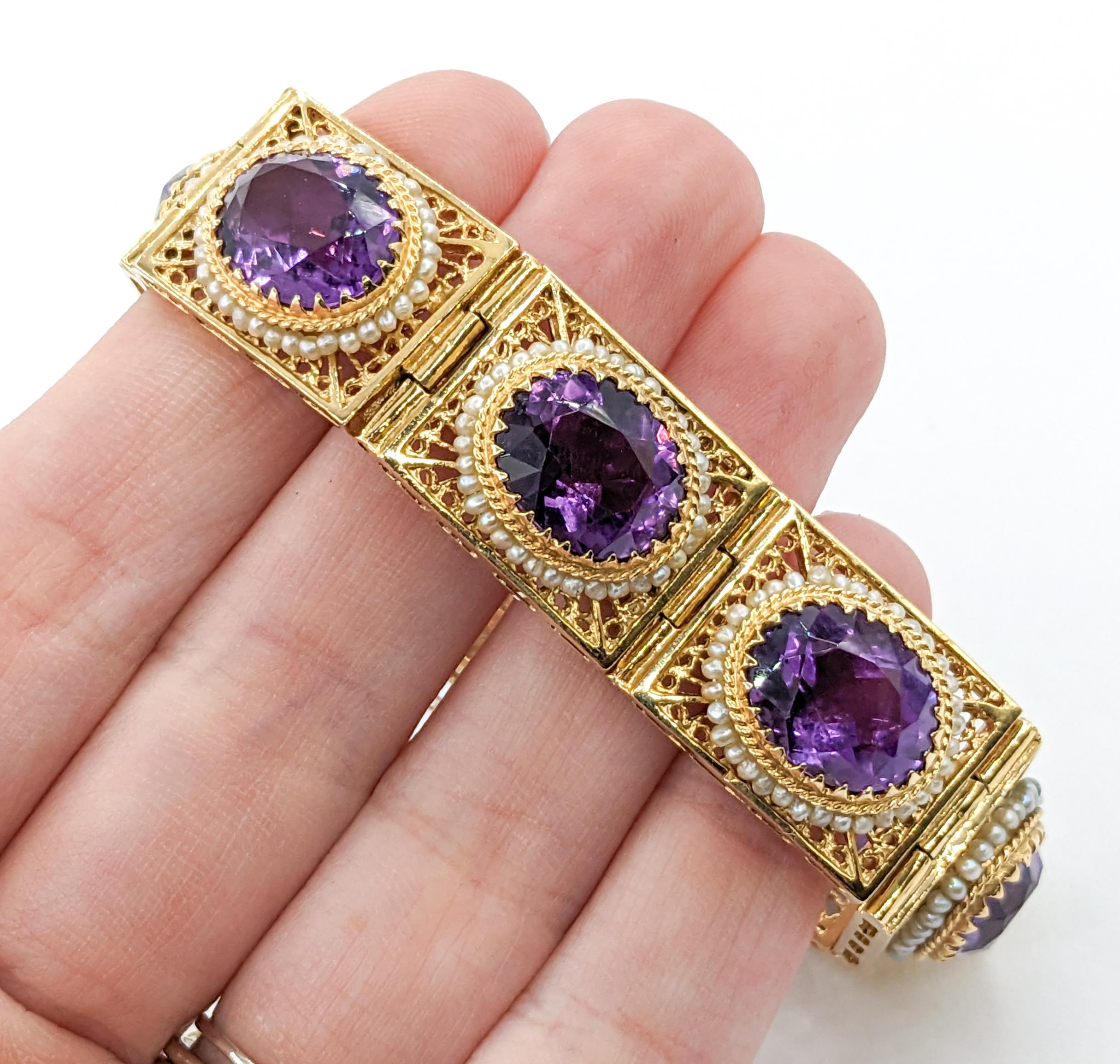 Vintage 40ctw Amethysten & Saatgut Perlen Armband in Gelbgold im Zustand „Hervorragend“ im Angebot in Bloomington, MN