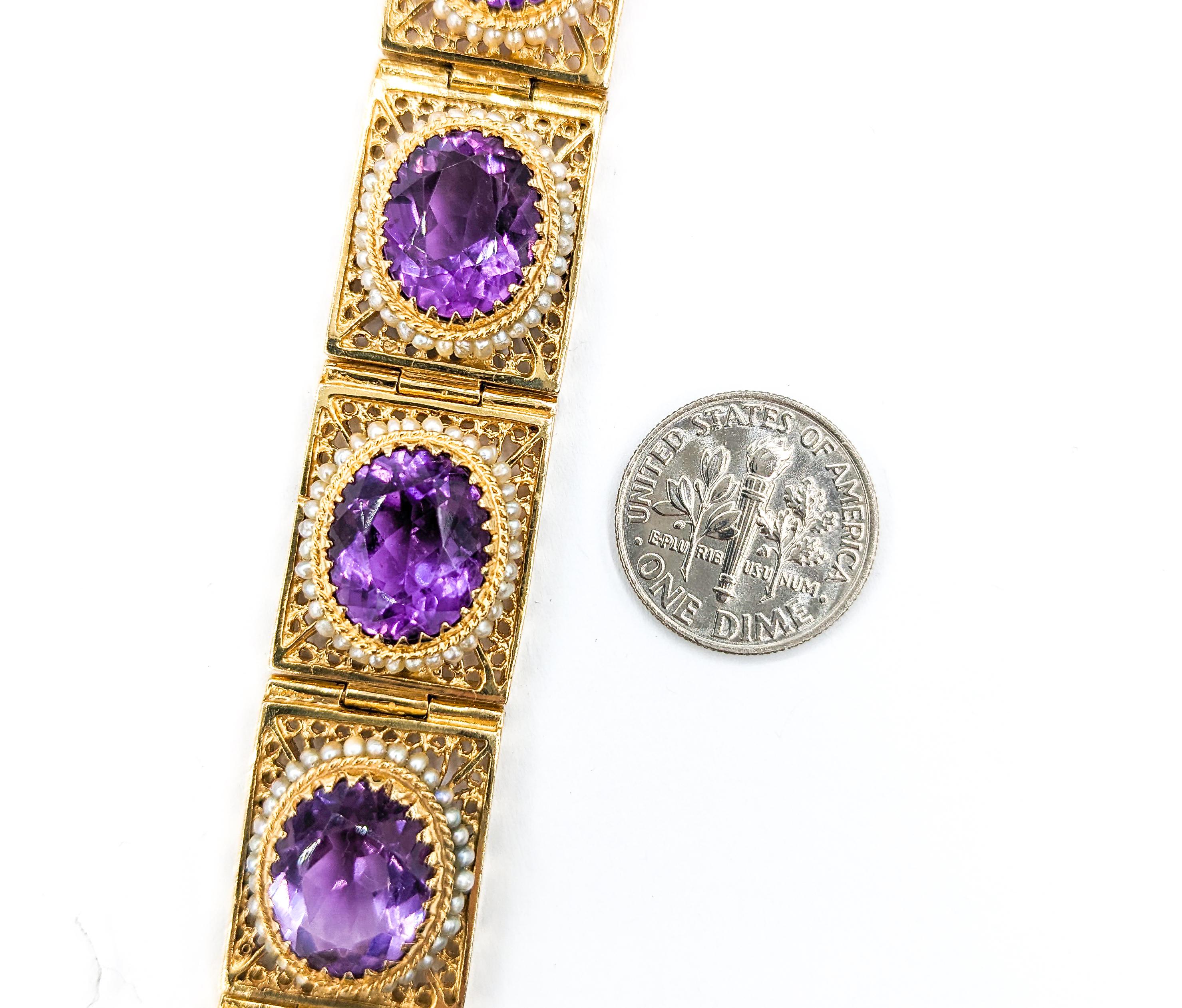 Bracelet vintage en or jaune avec améthystes et perles naturelles de 40 carats en vente 1