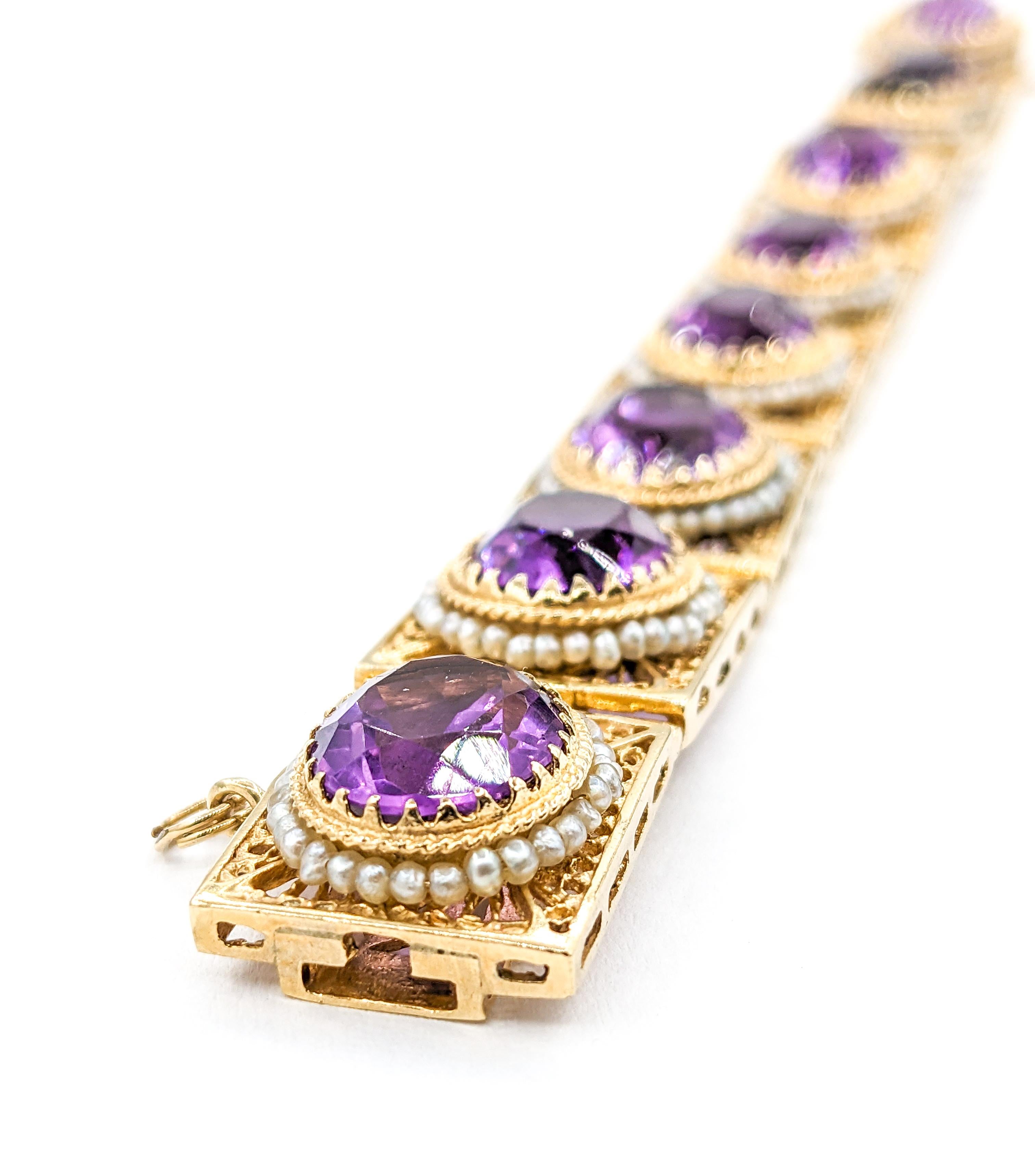 Vintage 40ctw Amethysts & Seed Pearls Bracelet In Yellow Gold For Sale 2