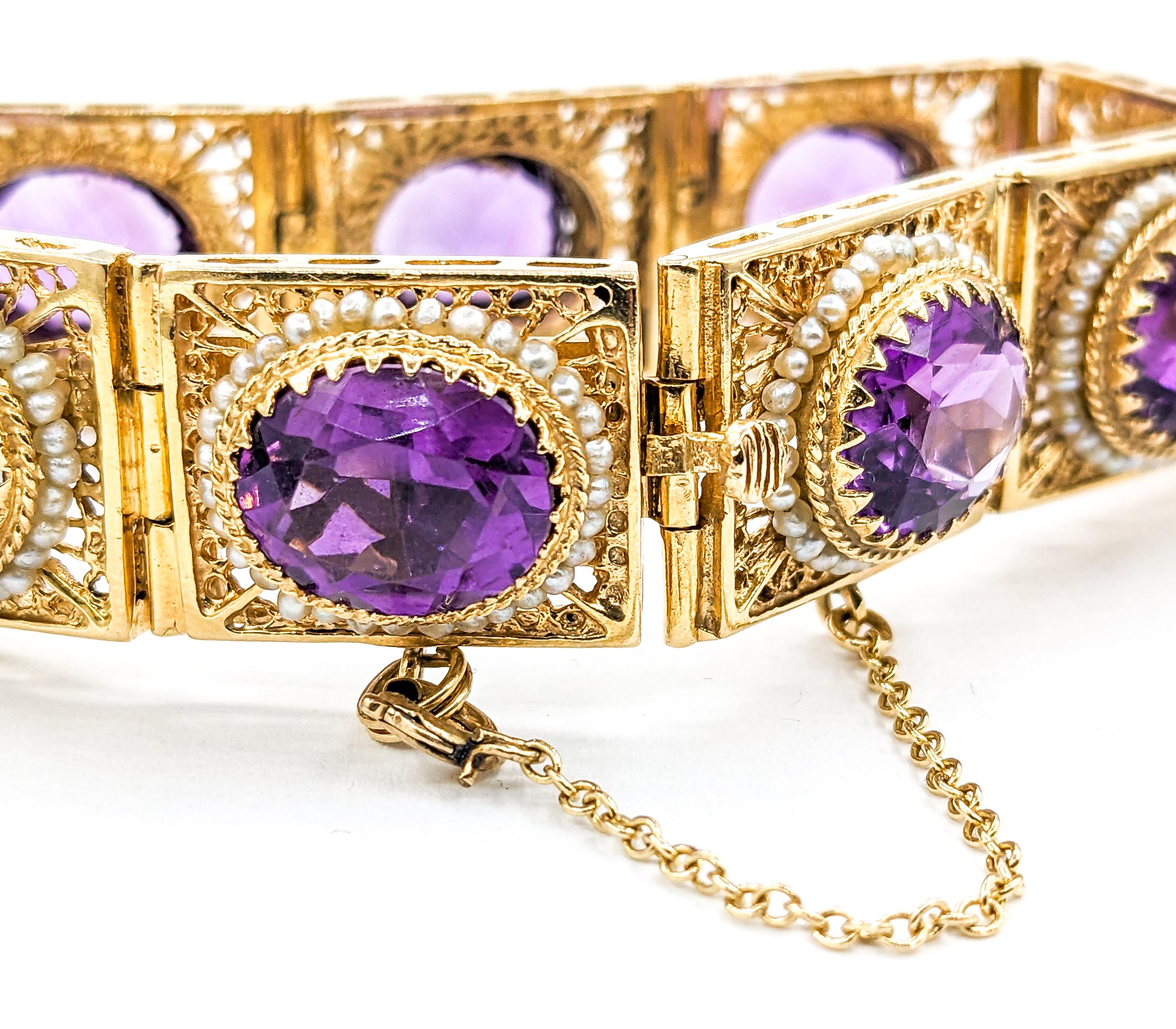 Vintage 40ctw Amethysts & Seed Pearls Bracelet In Yellow Gold For Sale 3