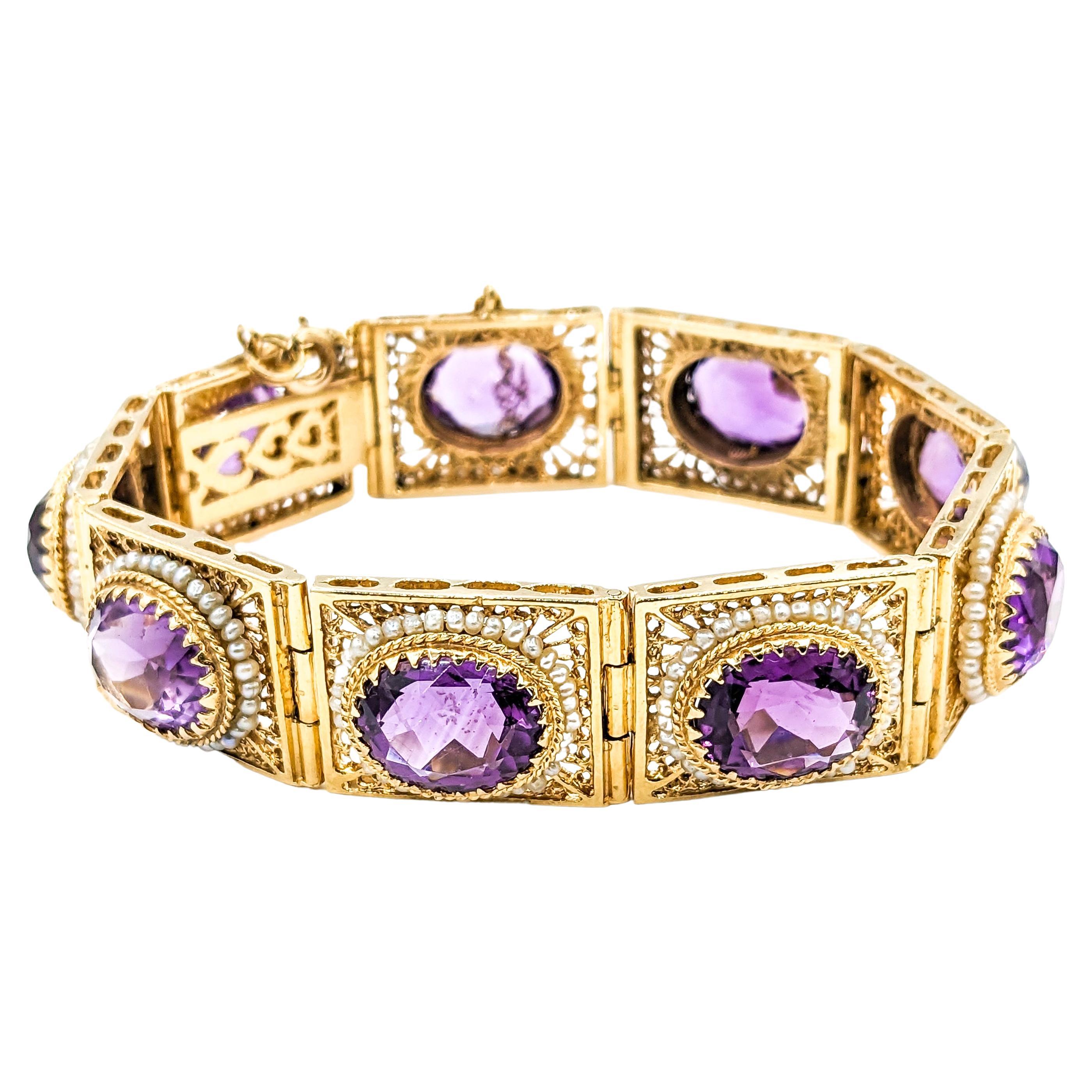 Vintage 40ctw Amethysts & Seed Pearls Bracelet In Yellow Gold