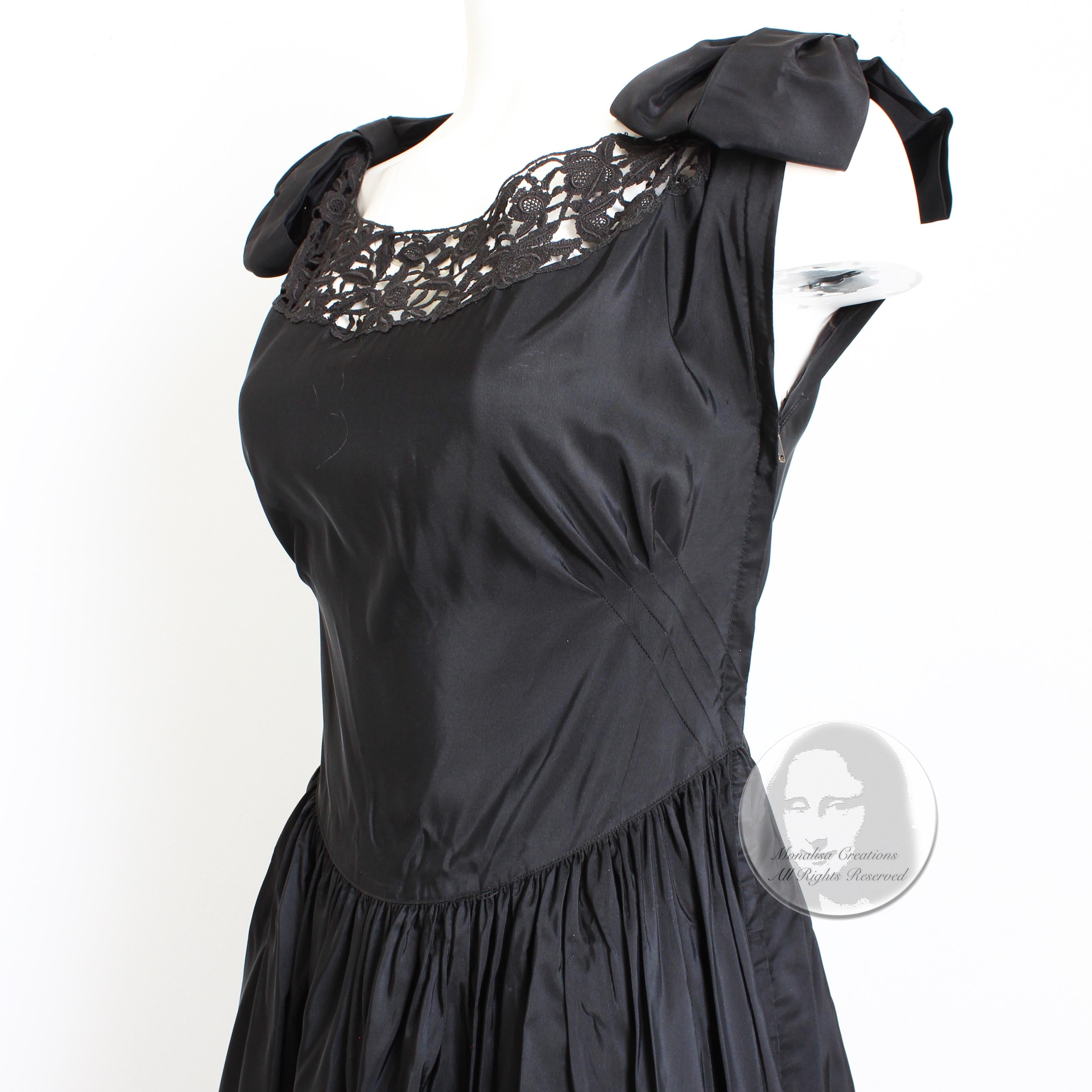 Vintage 40s Evening Dress Gown Black Taffeta Scalloped Lace Hem Irving Detroit 7