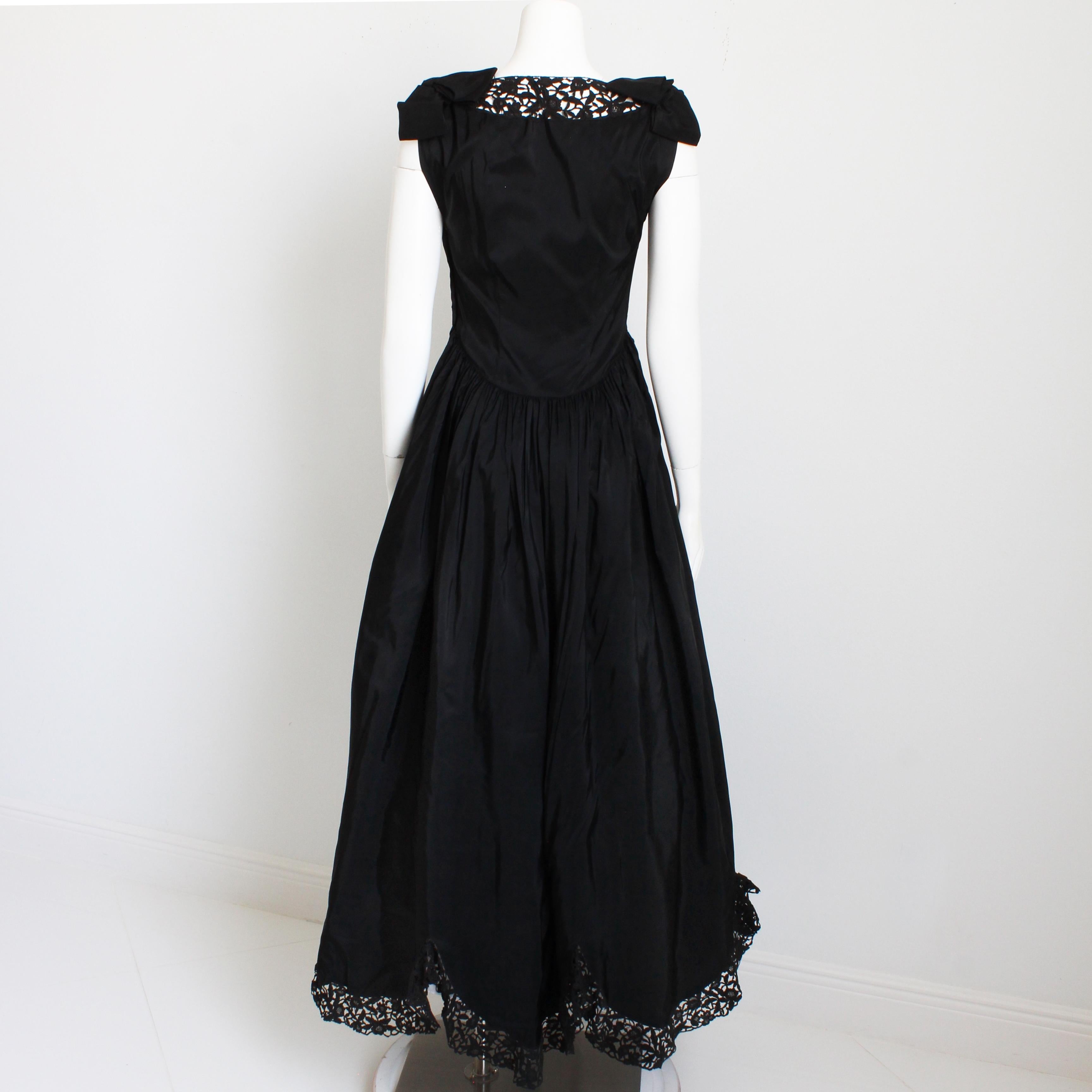 Vintage 40s Evening Dress Gown Black Taffeta Scalloped Lace Hem Irving Detroit For Sale 7