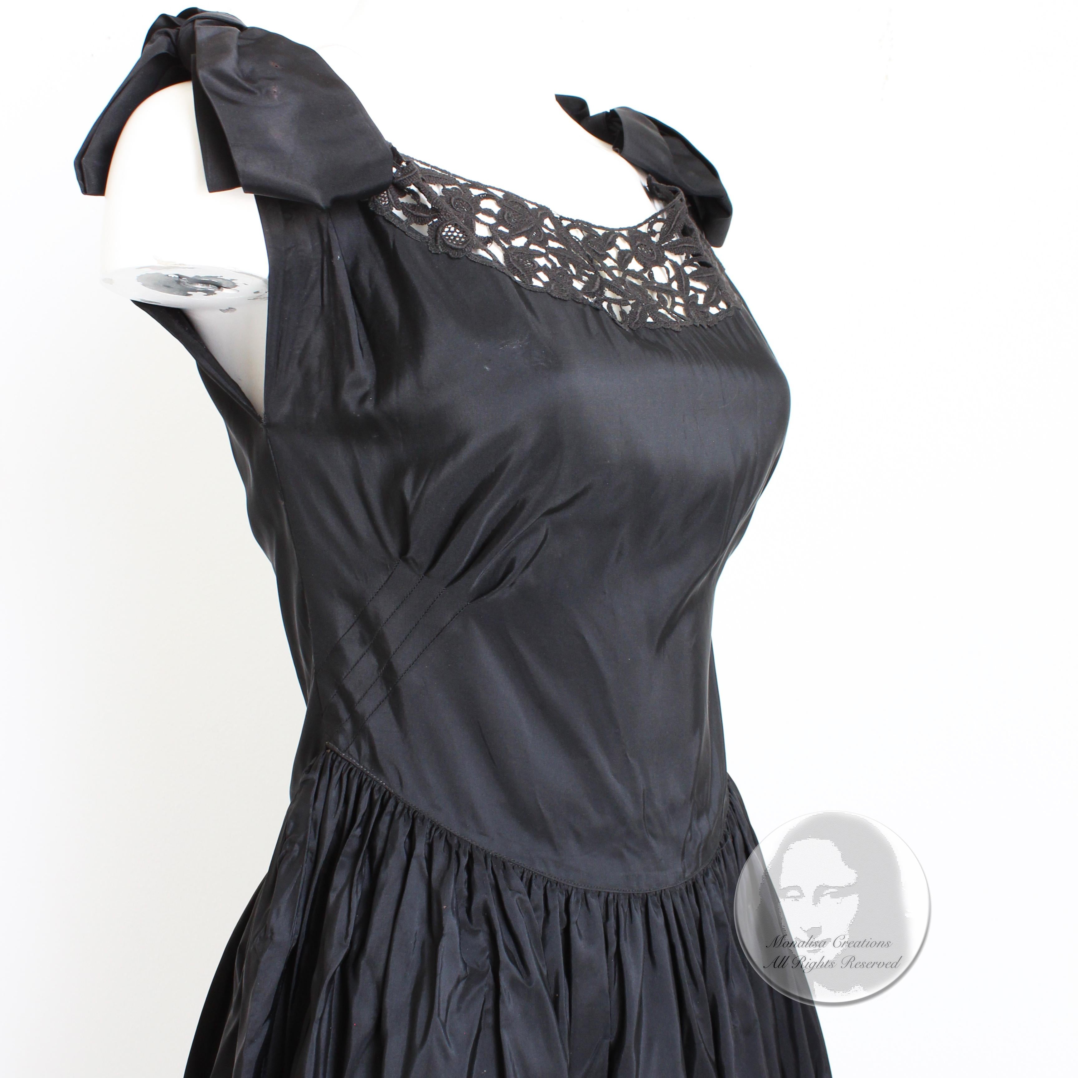 Vintage 40s Evening Dress Gown Black Taffeta Scalloped Lace Hem Irving Detroit 8