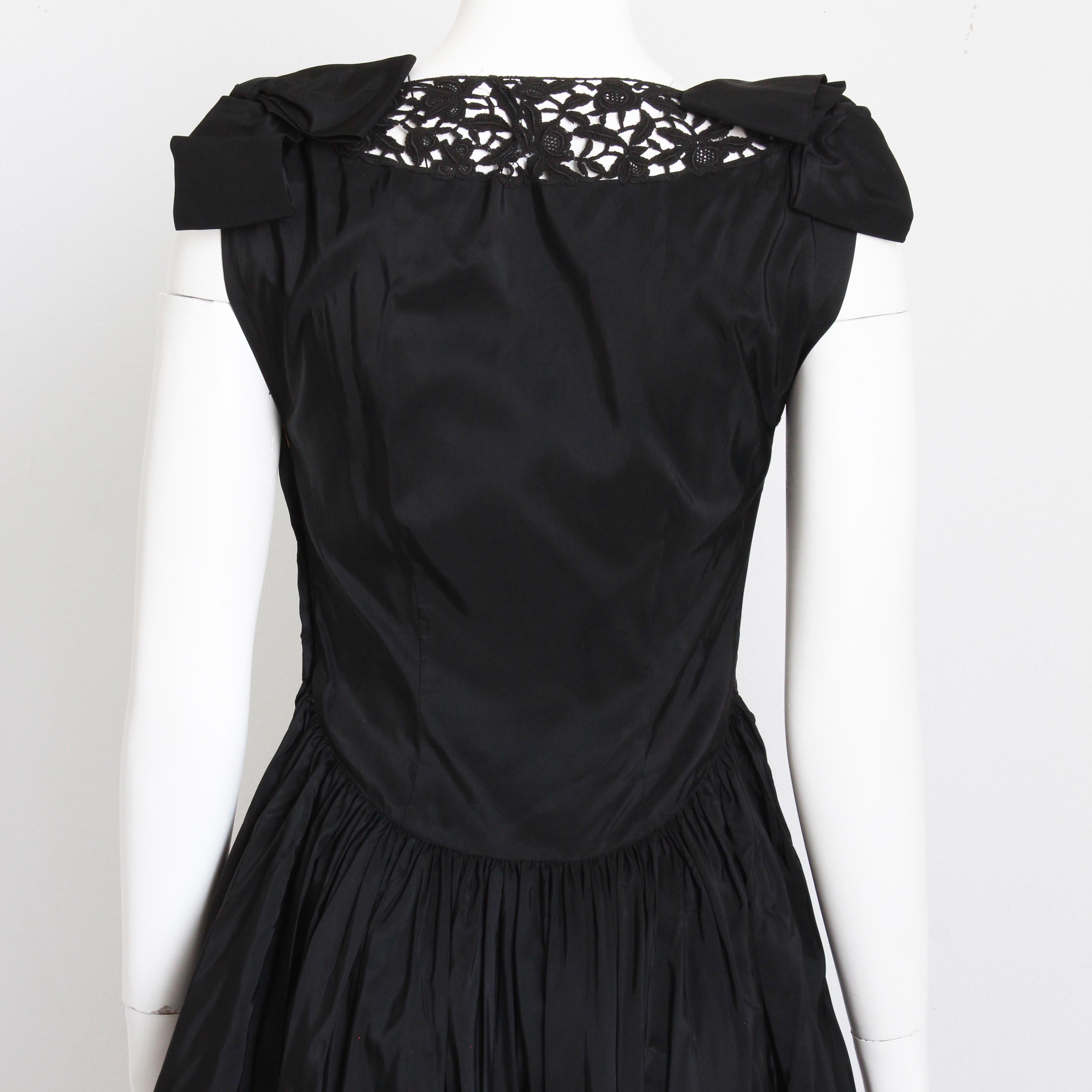 Vintage 40s Evening Dress Gown Black Taffeta Scalloped Lace Hem Irving Detroit For Sale 8