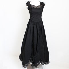 Vintage 40s Evening Dress Gown Black Taffeta Scalloped Lace Hem Irving Detroit