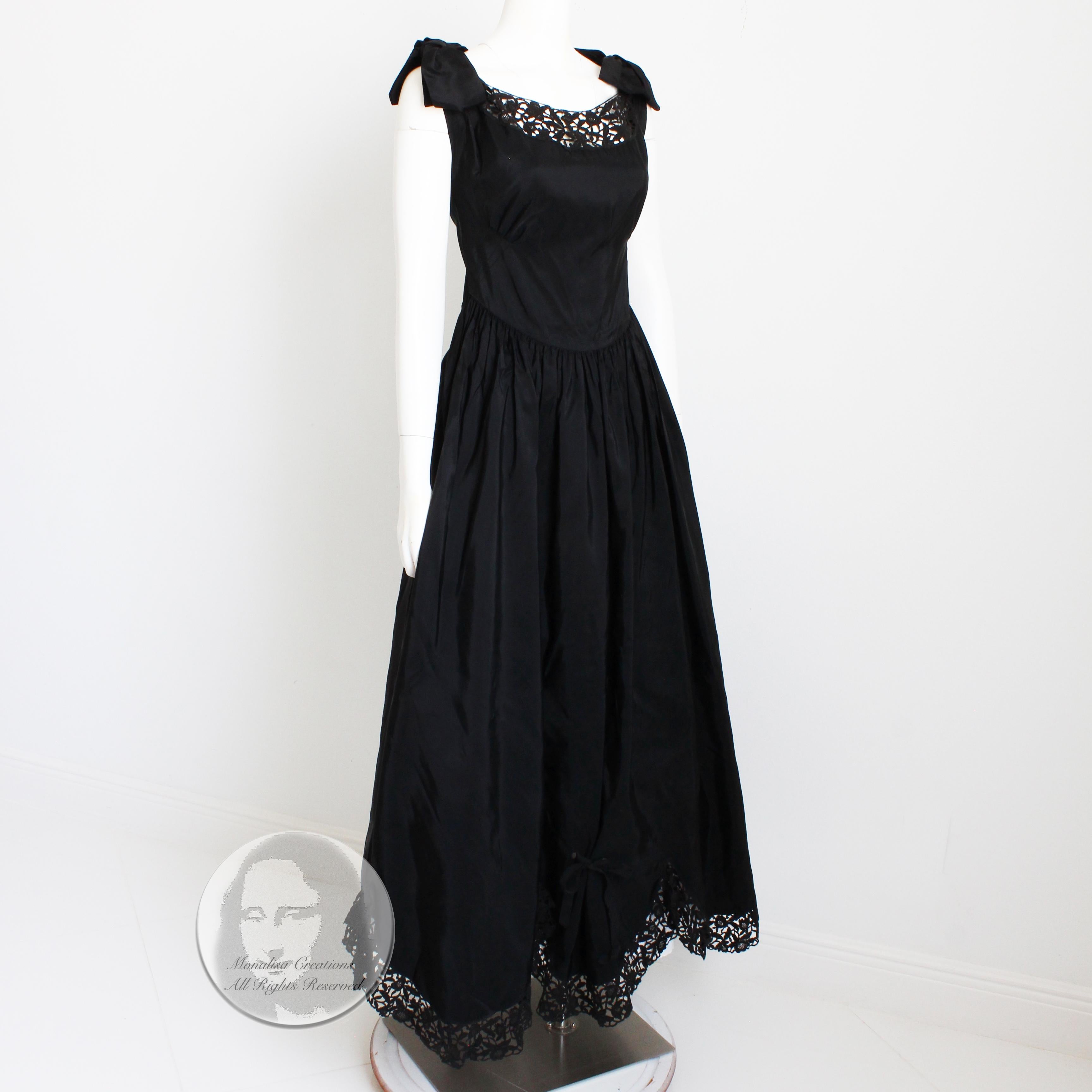 Vintage 40er Jahre Abendkleid aus schwarzem Taft mit Wellenschliff-Spitzensaum Irving Detroit Damen