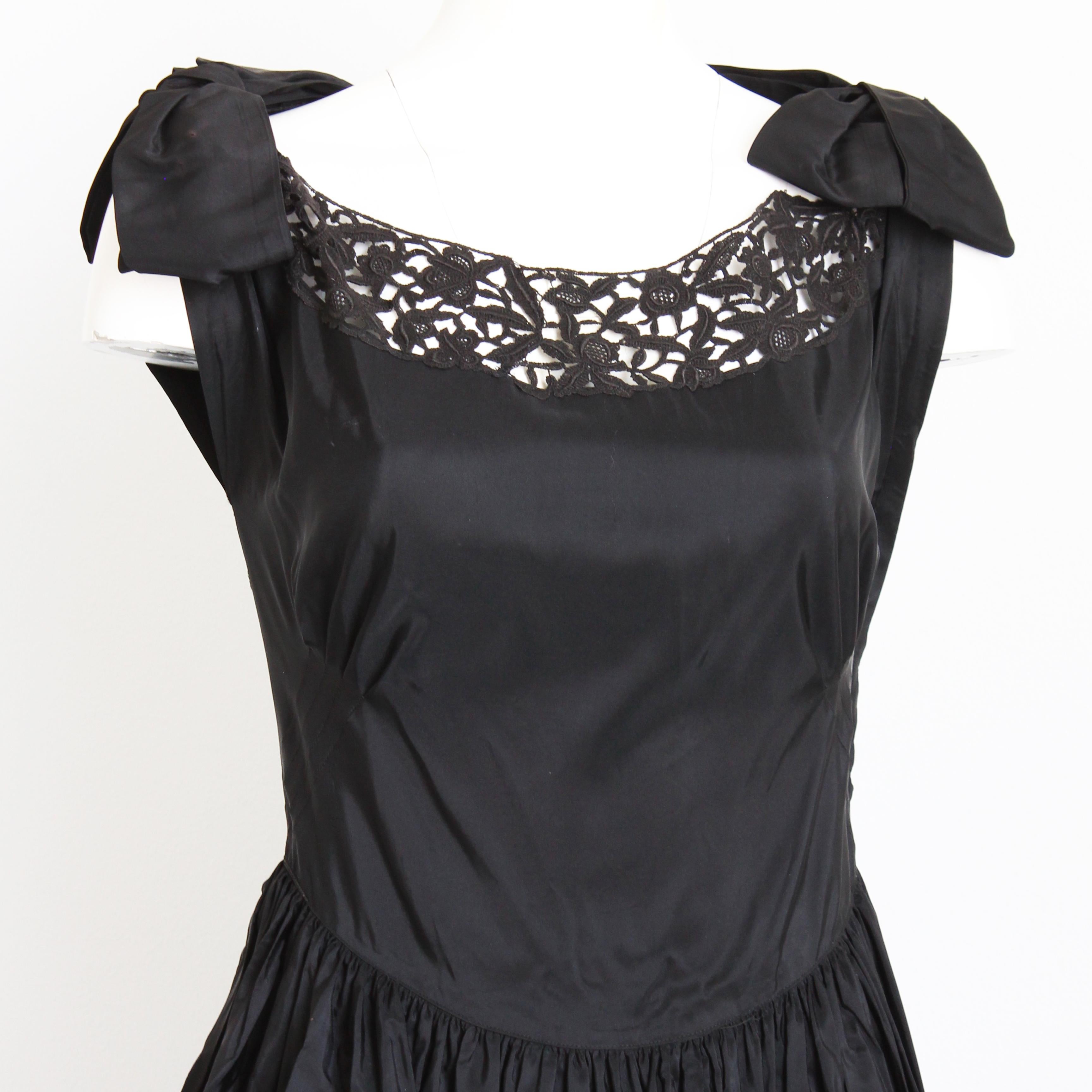 Women's Vintage 40s Evening Dress Gown Black Taffeta Scalloped Lace Hem Irving Detroit For Sale