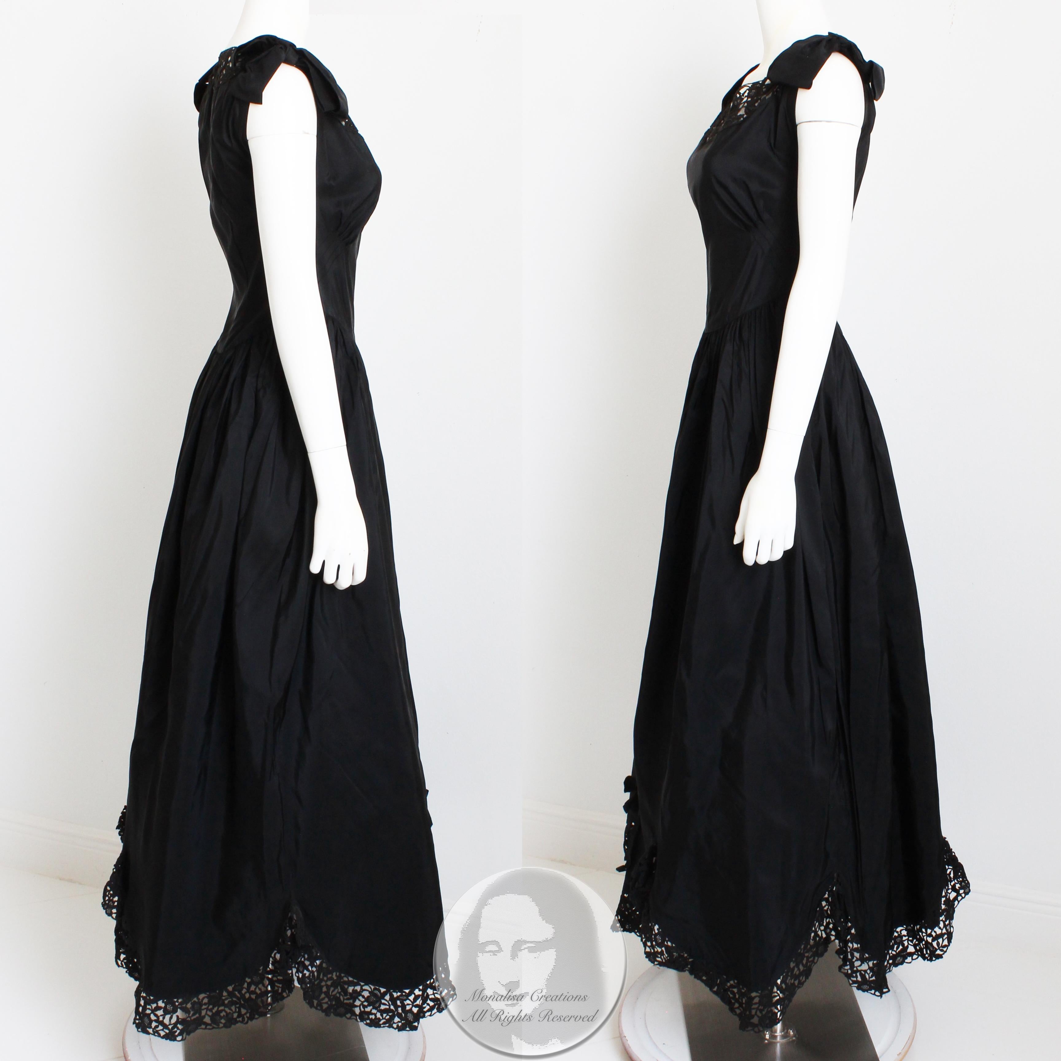 Vintage 40s Evening Dress Gown Black Taffeta Scalloped Lace Hem Irving Detroit 1