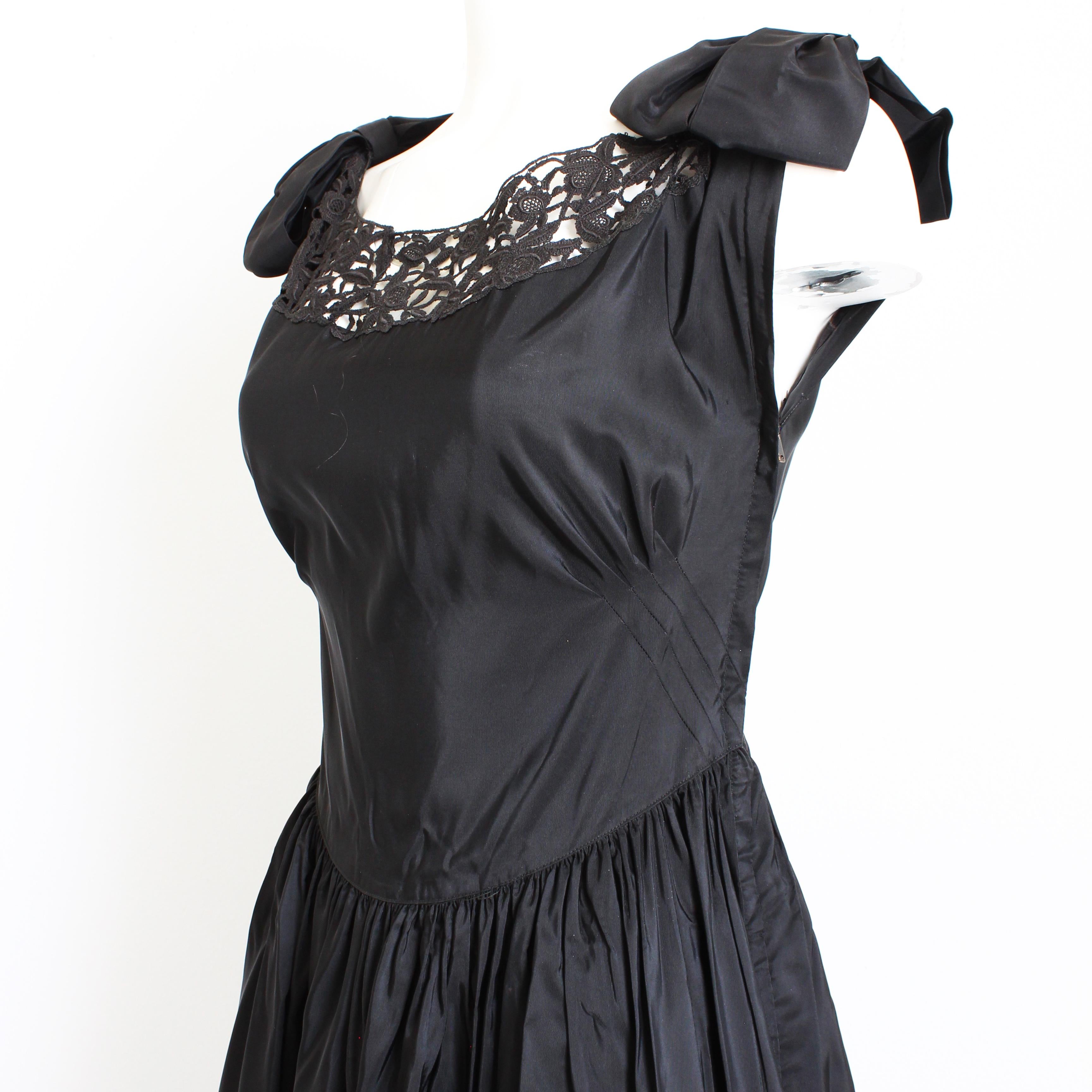 Vintage 40s Evening Dress Gown Black Taffeta Scalloped Lace Hem Irving Detroit For Sale 1