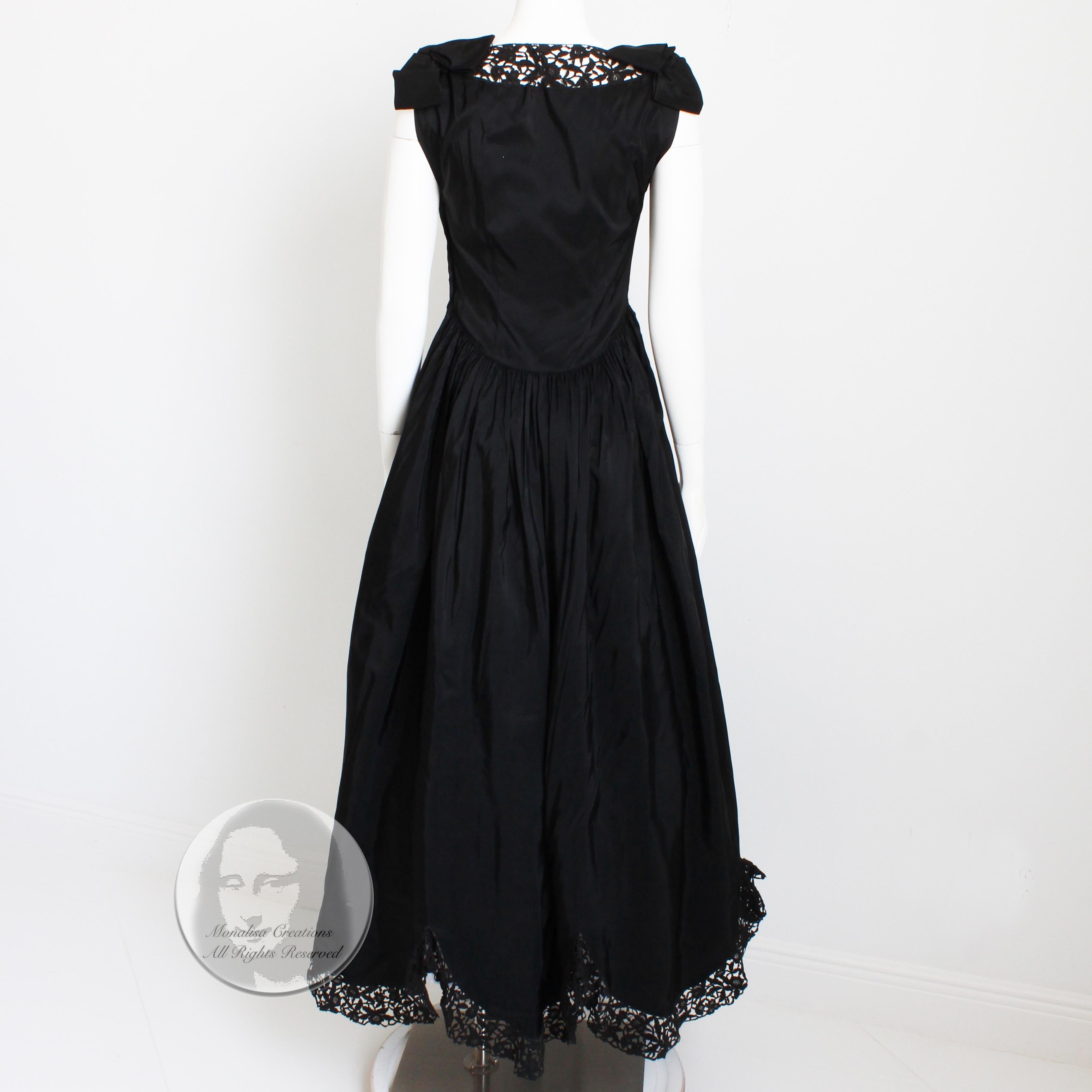 Vintage 40s Evening Dress Gown Black Taffeta Scalloped Lace Hem Irving Detroit 2