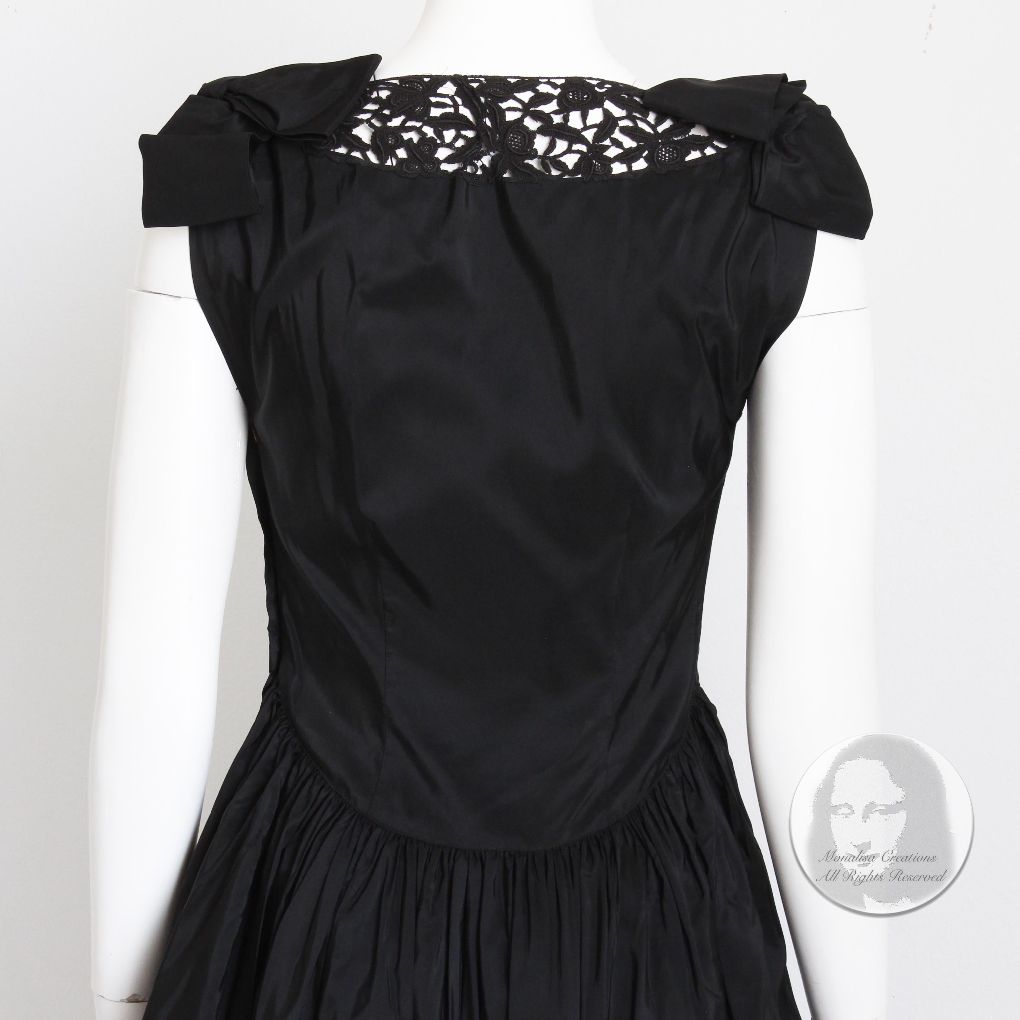 Vintage 40s Evening Dress Gown Black Taffeta Scalloped Lace Hem Irving Detroit 3