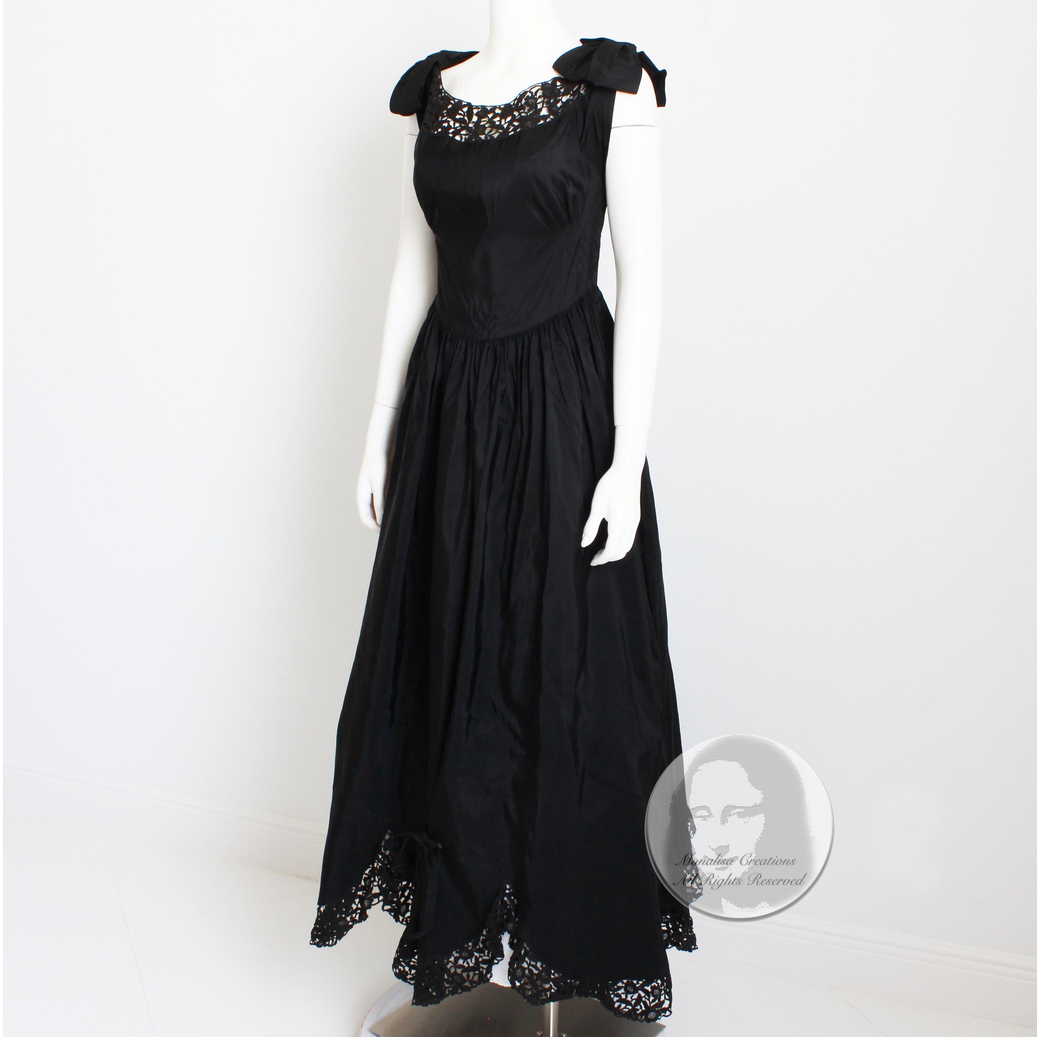 Vintage 40s Evening Dress Gown Black Taffeta Scalloped Lace Hem Irving Detroit 4