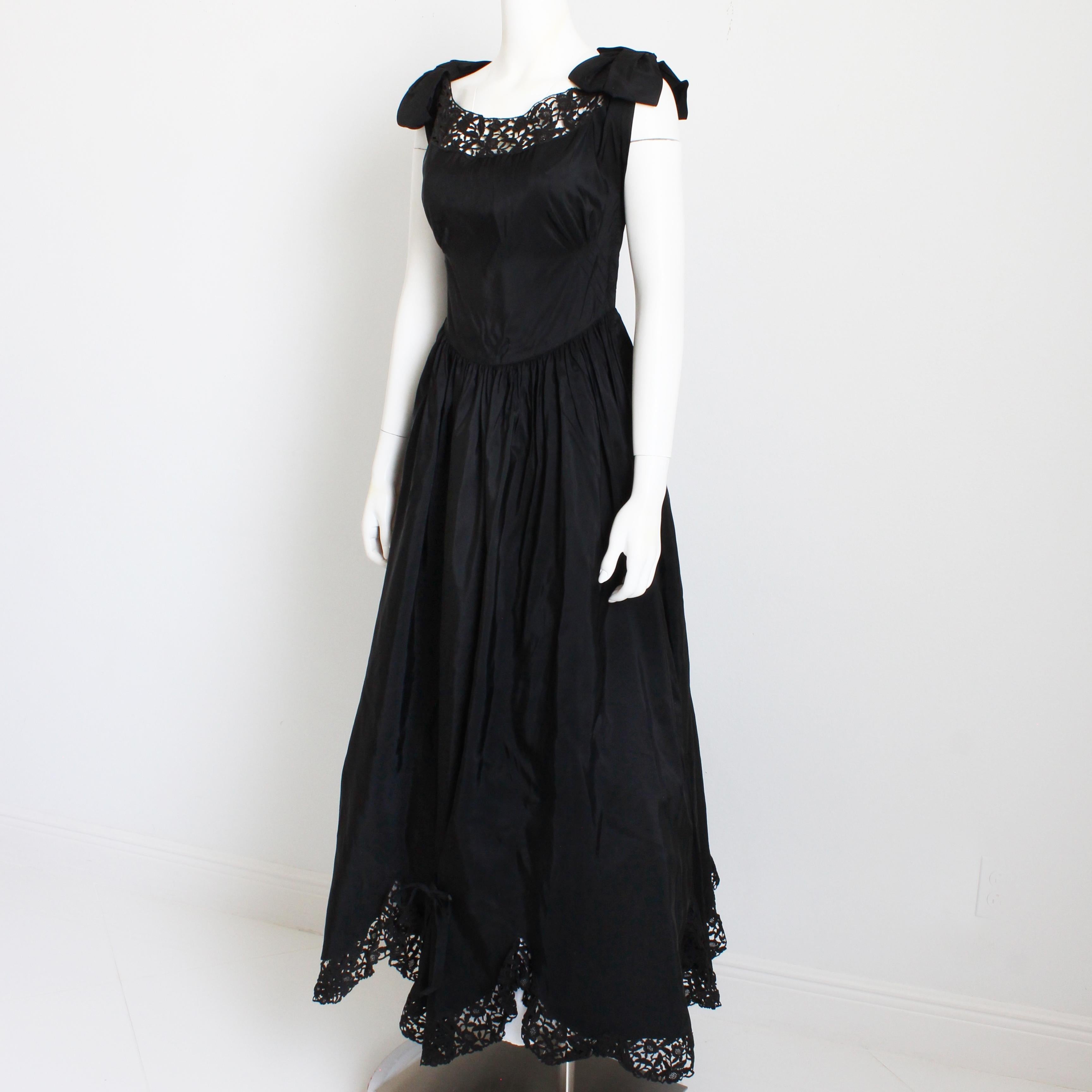 Vintage 40s Evening Dress Gown Black Taffeta Scalloped Lace Hem Irving Detroit For Sale 4