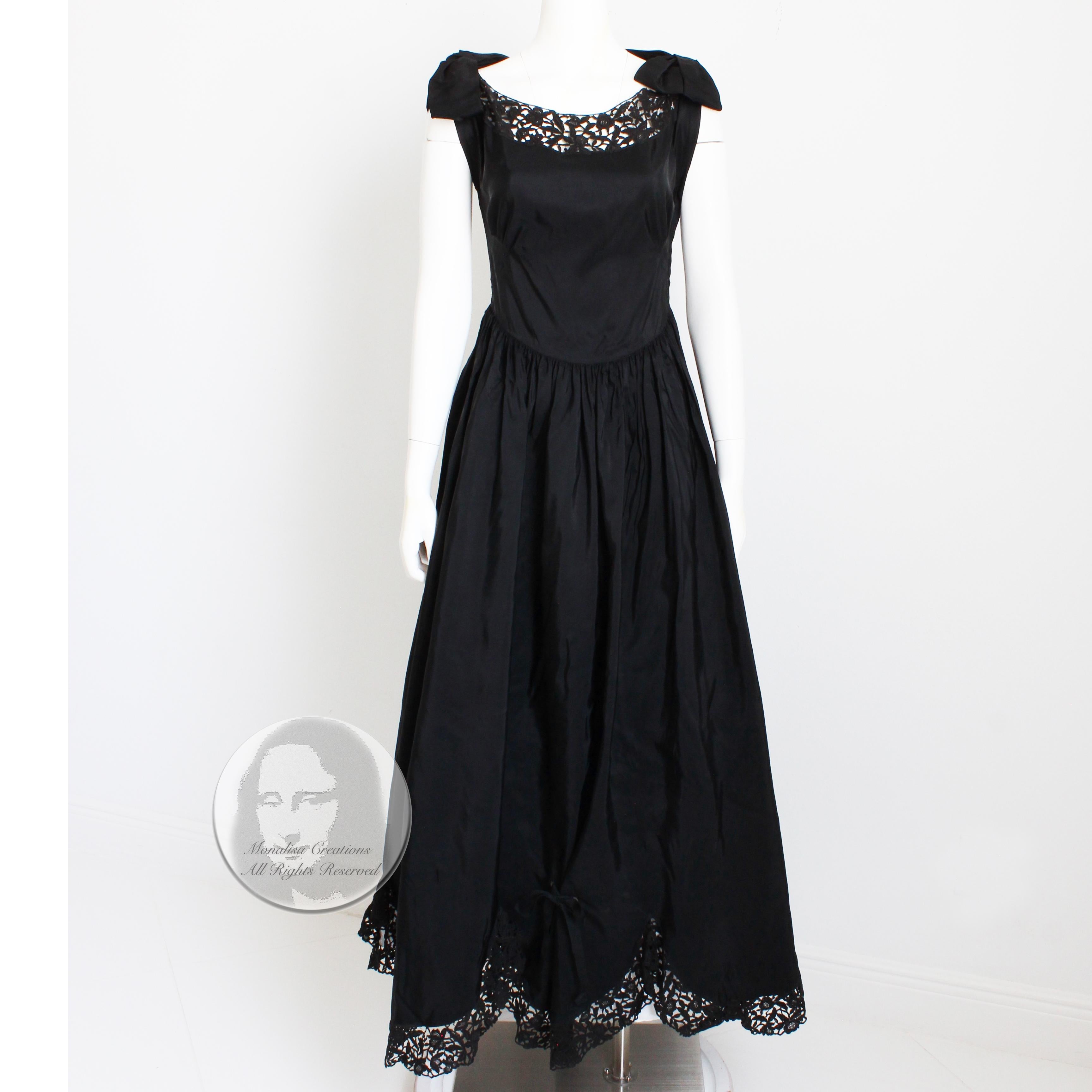 Vintage 40s Evening Dress Gown Black Taffeta Scalloped Lace Hem Irving Detroit 5