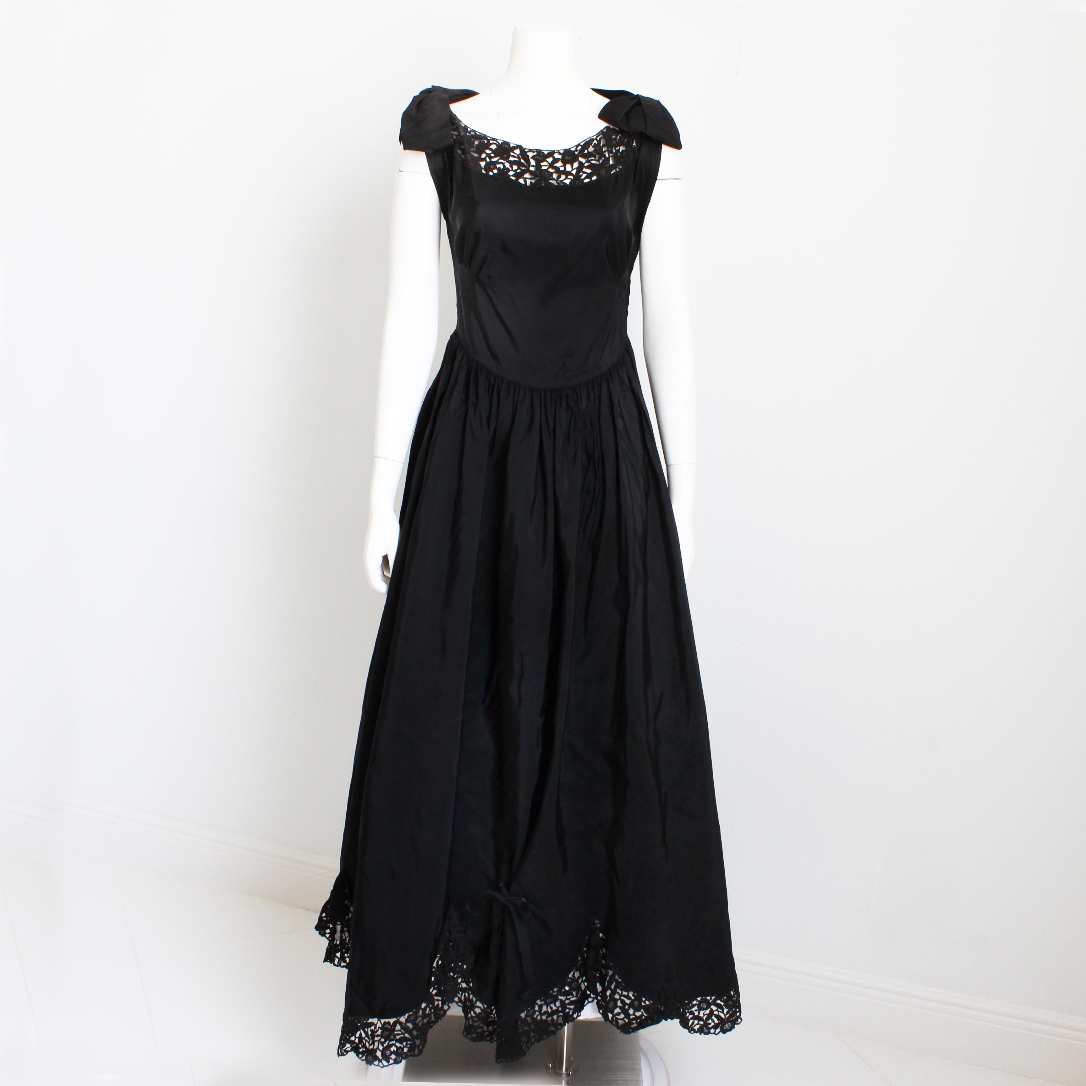 Vintage 40s Evening Dress Gown Black Taffeta Scalloped Lace Hem Irving Detroit For Sale 5