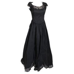 Vintage 40s Evening Dress Gown Black Taffeta Scalloped Lace Hem Irving Detroit