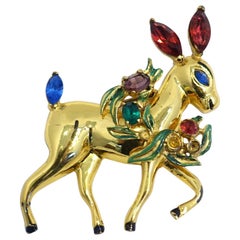 Vintage 40s Signed CoroCraft Sterling Colorful Deer Brooch