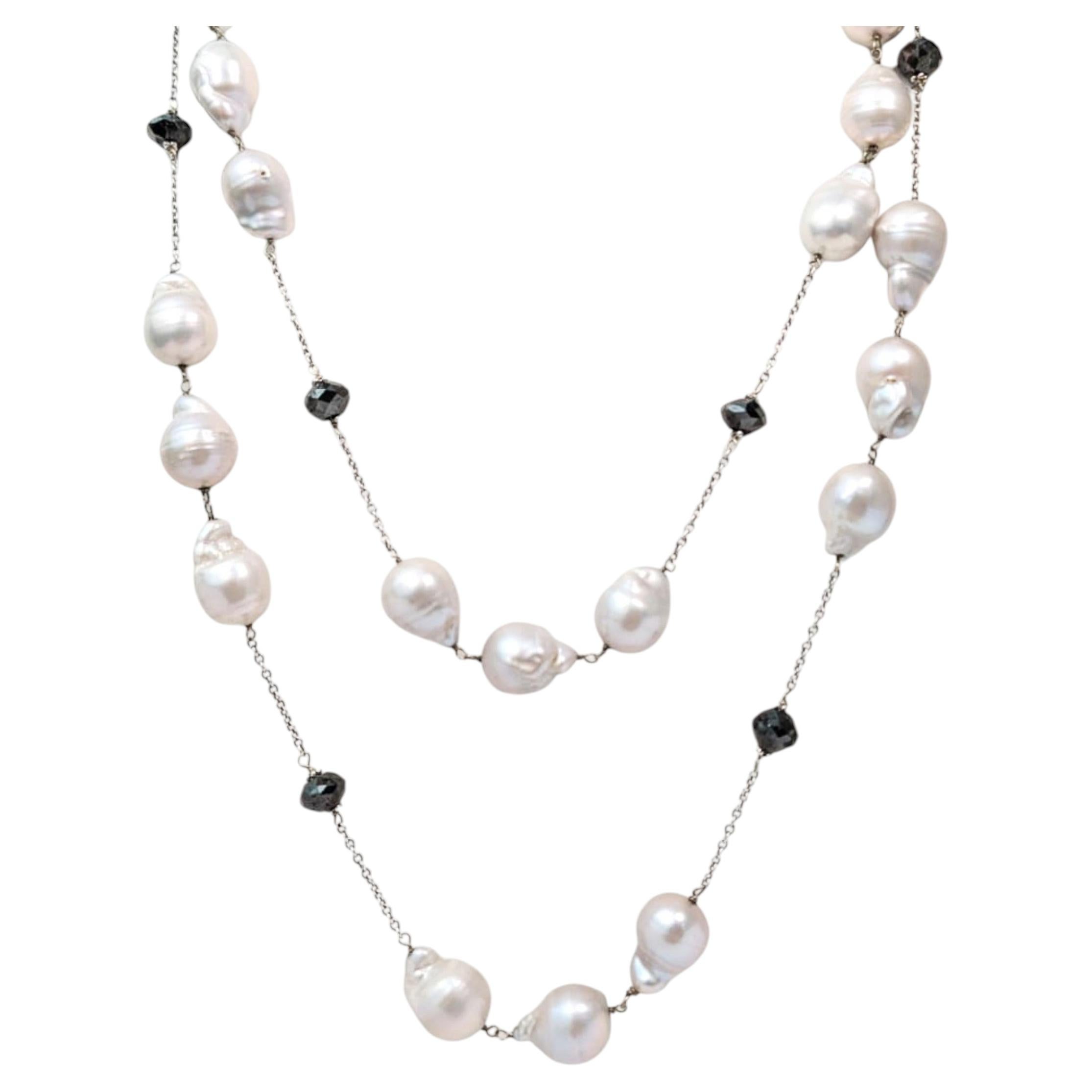 Vintage 41.25" Black Diamond (18.00ct) & South Sea Pearl Necklace in 14KW Gold