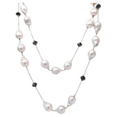 Vintage 41" Black Diamond (18.00ct) & South Sea Pearl Necklace in 14KW Gold