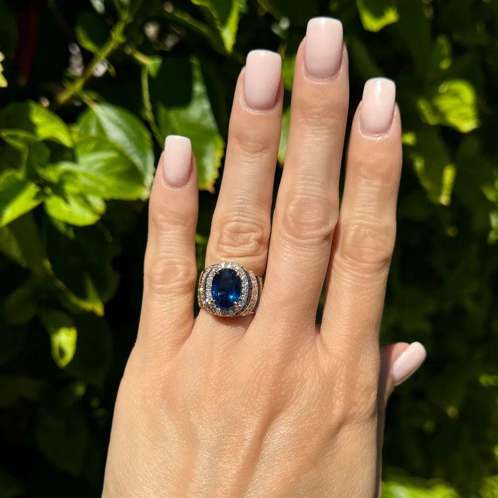 Modernist Vintage 4.12 Carat Sapphire GIA and Diamond Gold Statement Ring For Sale