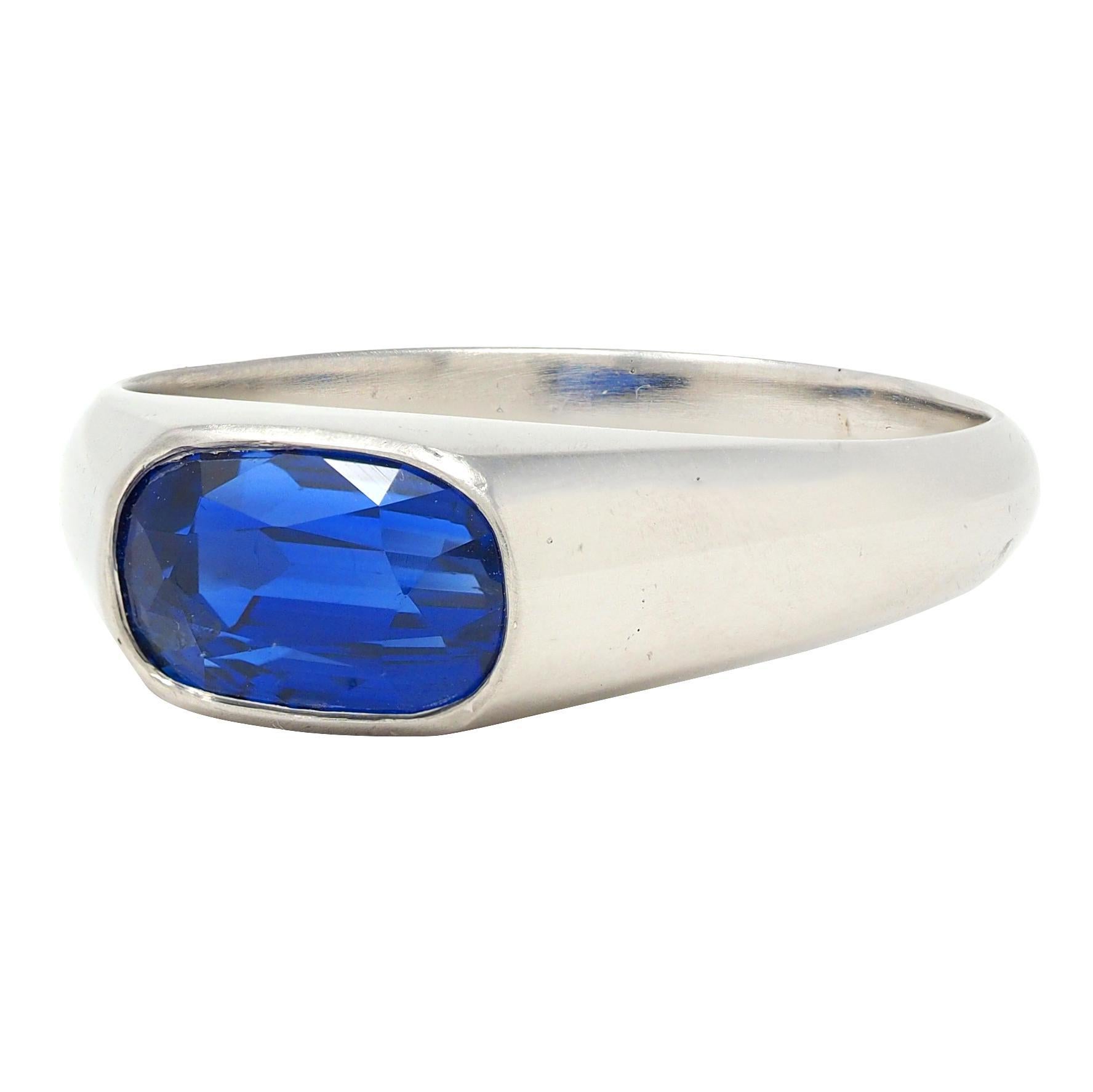 Anillo de sello unisex vintage de zafiro de Ceilán sin calor de 4,12 qt en platino al ras en venta 1