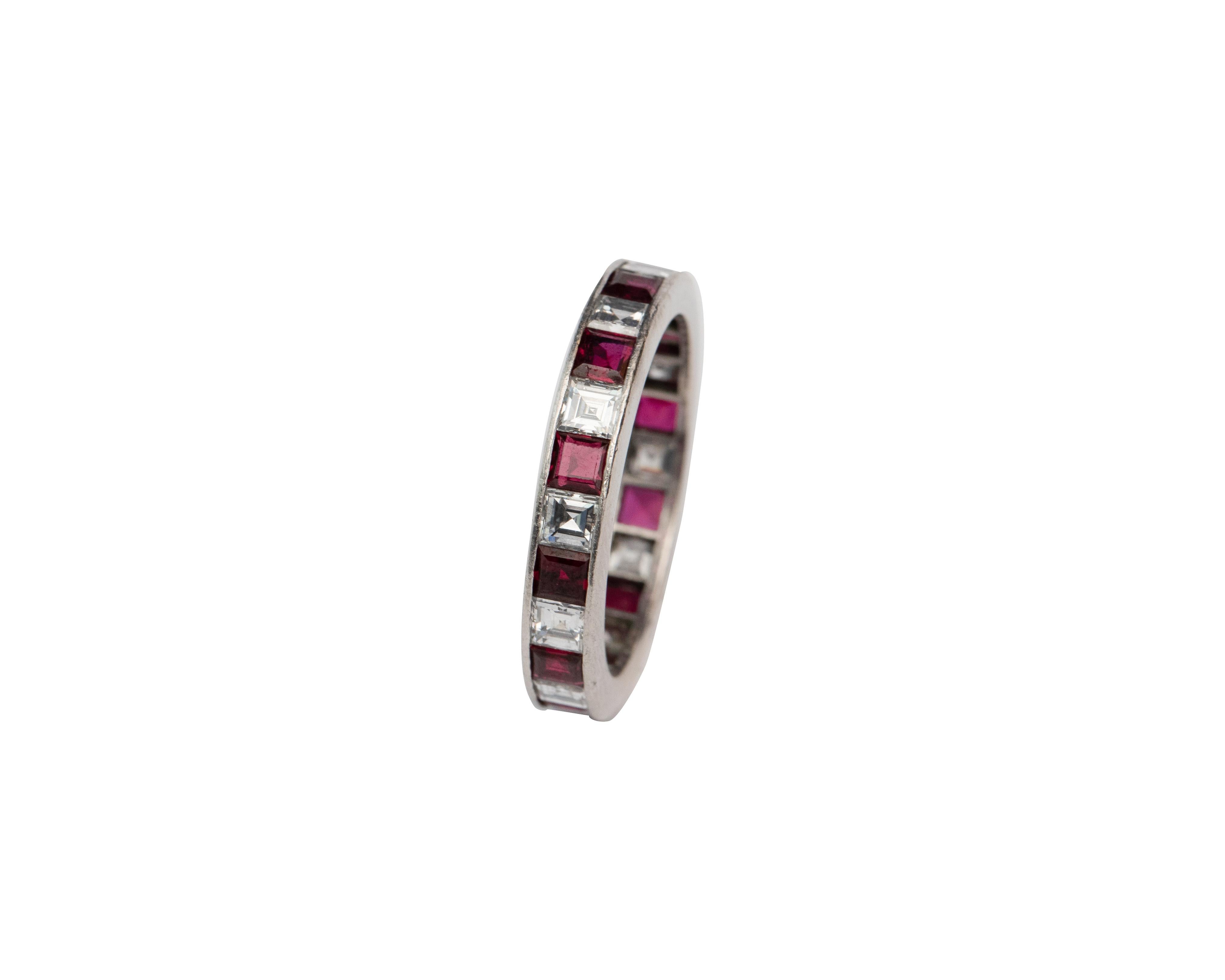 Vintage 4.14 Carat Asscher Cut Diamond and Ruby Platinum Eternity Band In Good Condition In Addison, TX