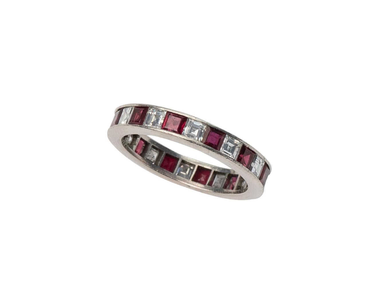 Women's Vintage 4.14 Carat Asscher Cut Diamond and Ruby Platinum Eternity Band