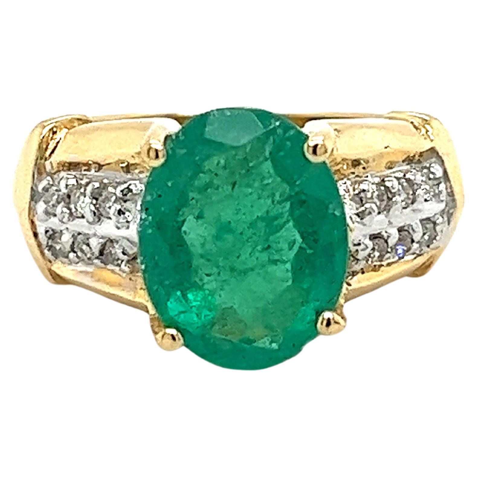 4.14 Carat Oval Cut Natural Emerald and Diamond Ring in 18K Yellow Gold