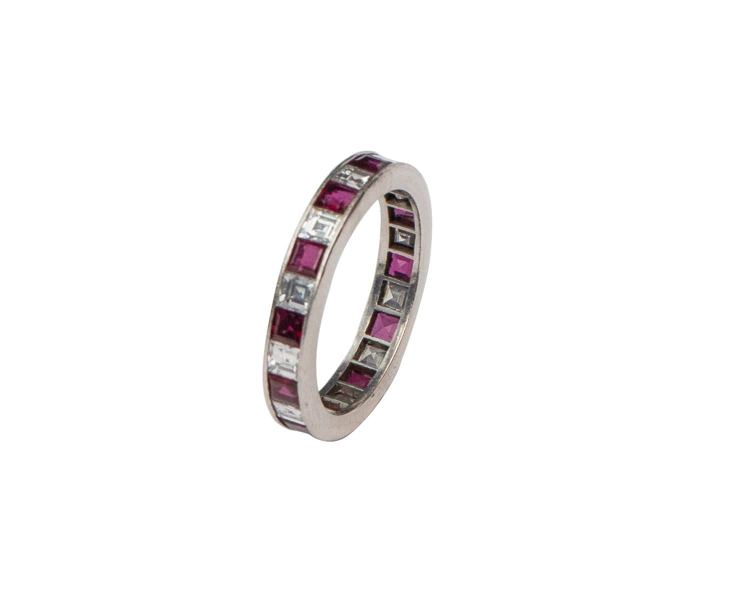 Modern Vintage 4.14 Carat Asscher Cut Diamond and Ruby Platinum Eternity Band