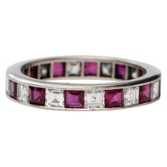 Retro 4.14 Carat Asscher Cut Diamond and Ruby Platinum Eternity Band