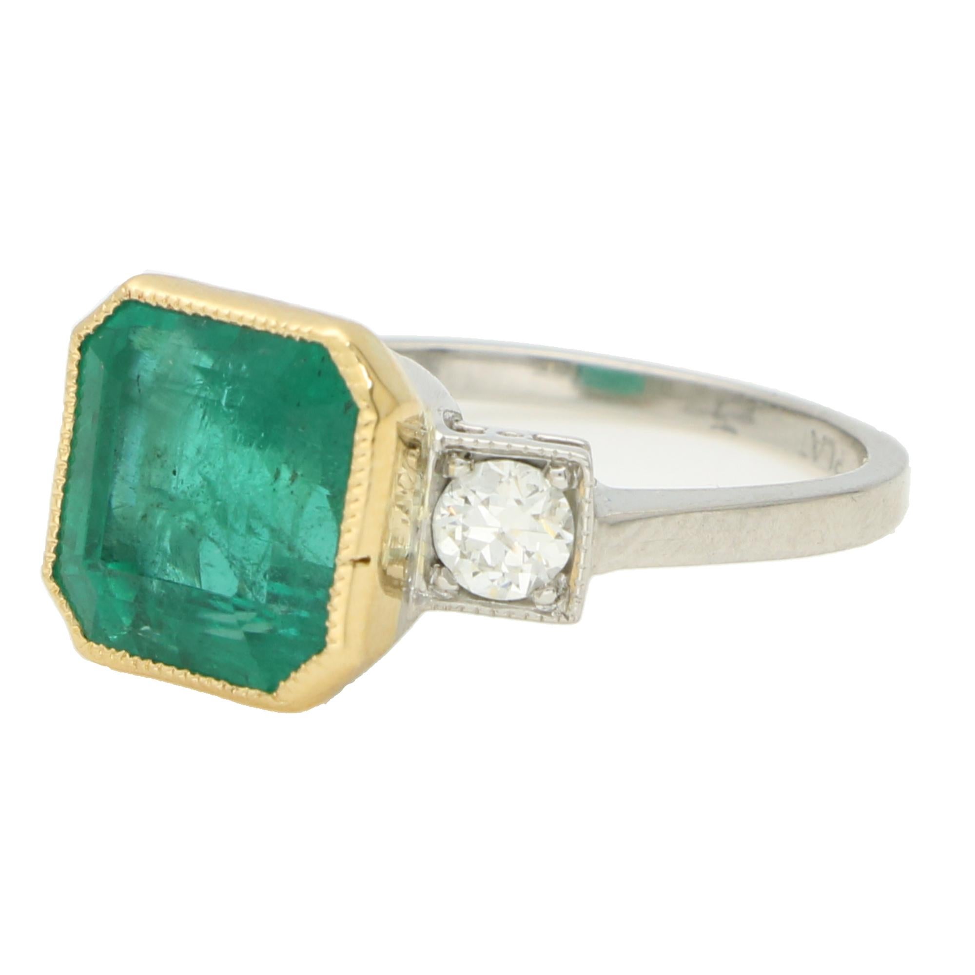 Modern Vintage 4.16ct Emerald and Old Cut Diamond Three Stone Ring in Gold and Platinum For Sale